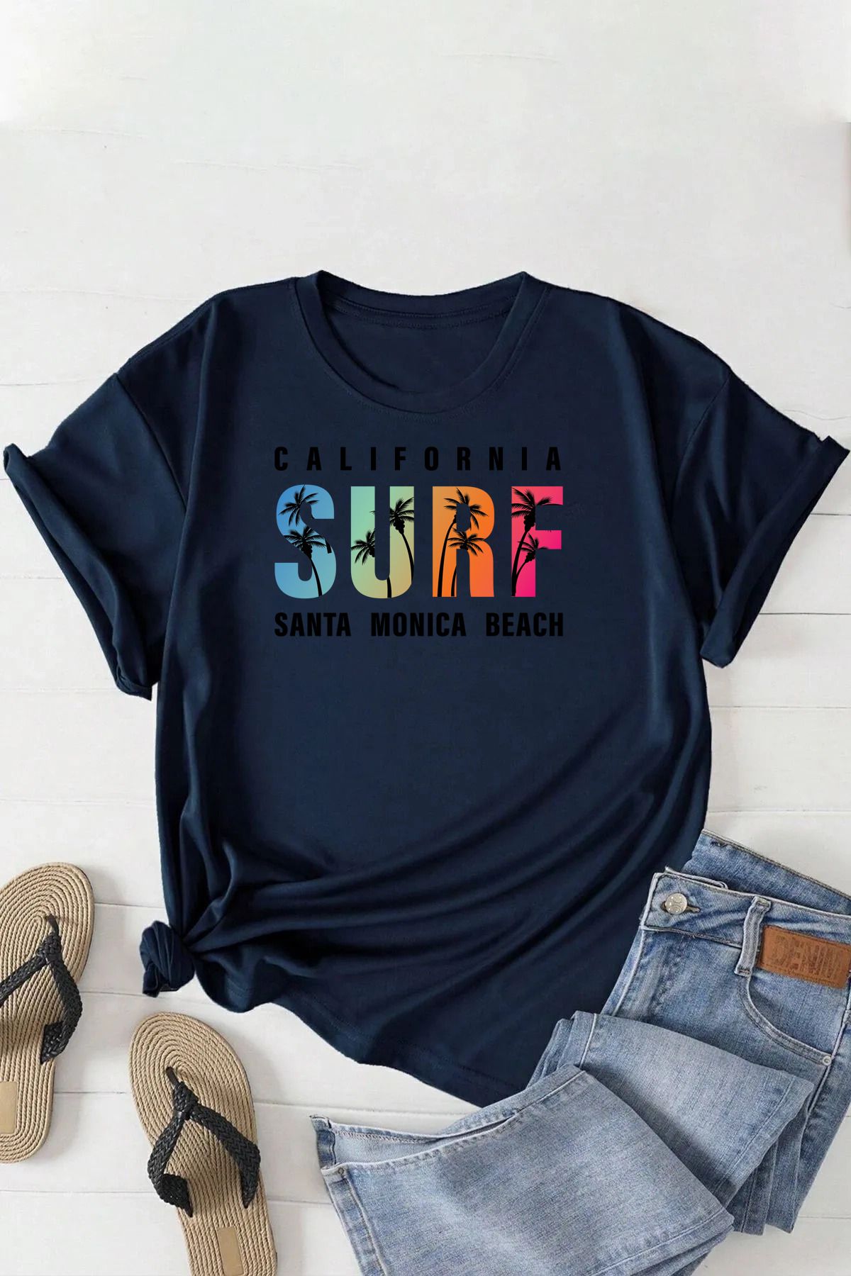 qavnas Unisex SURF Baskılı Rahat Kesim Lacivert T-Shirt