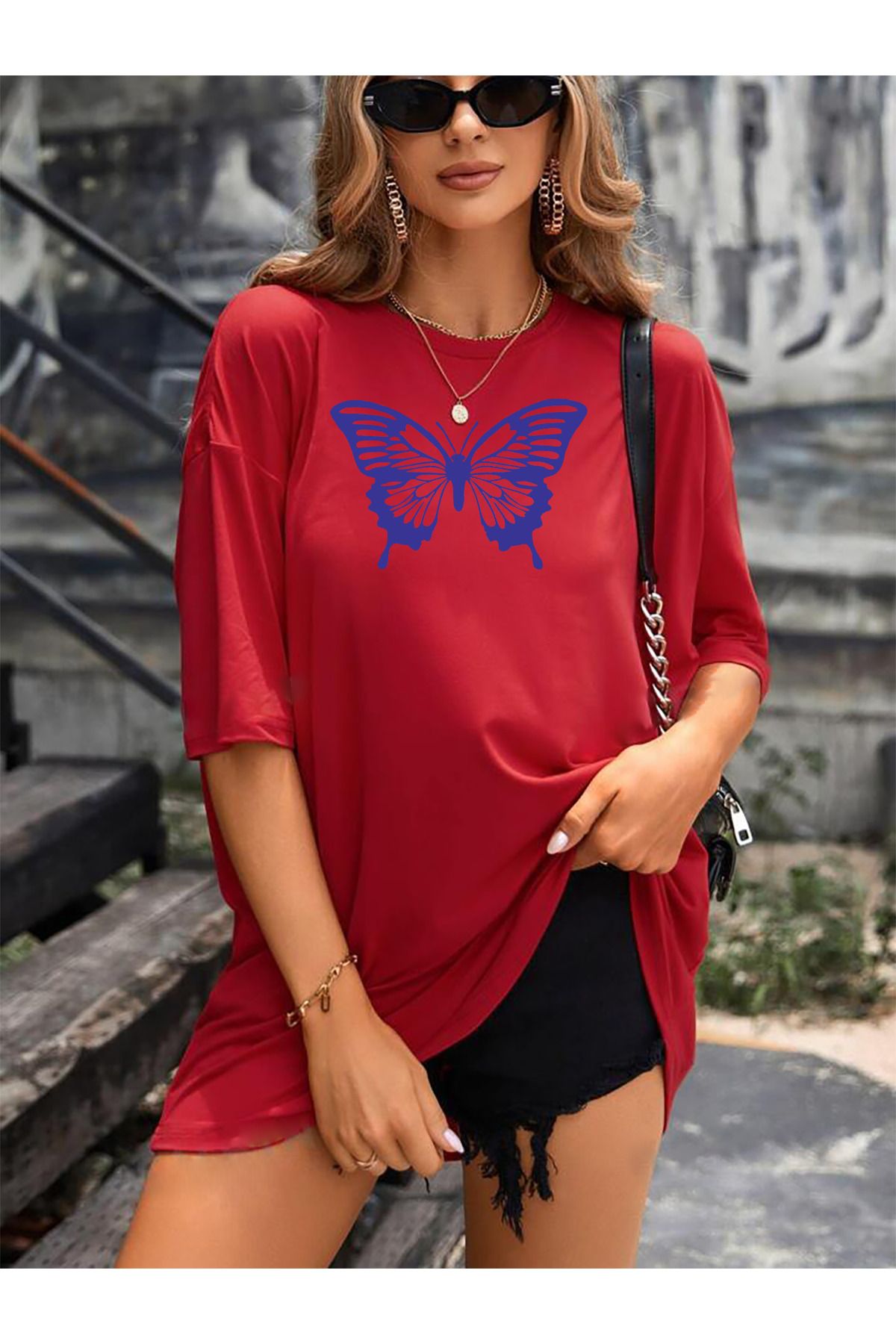 memowear Unisex Mor Kelebek Baskılı Rahat Kesim Kırmızı T-Shirt