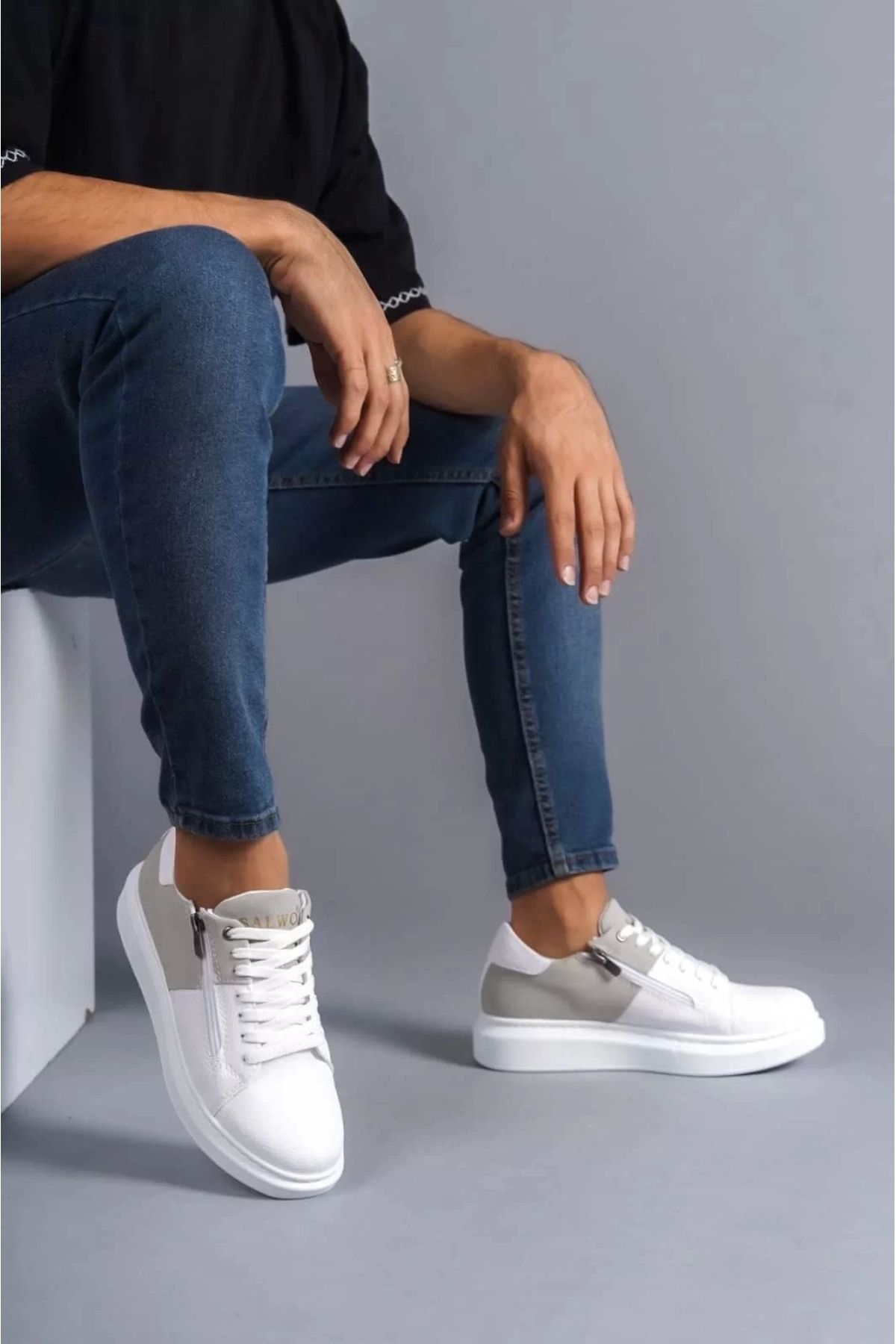 BİCANS SLW155 Warrior Bağcıklı ve Fermuarlı Cilt Süet Erkek Günlük Sneaker Ayakkabı CSBT - Beyaz/Gri
