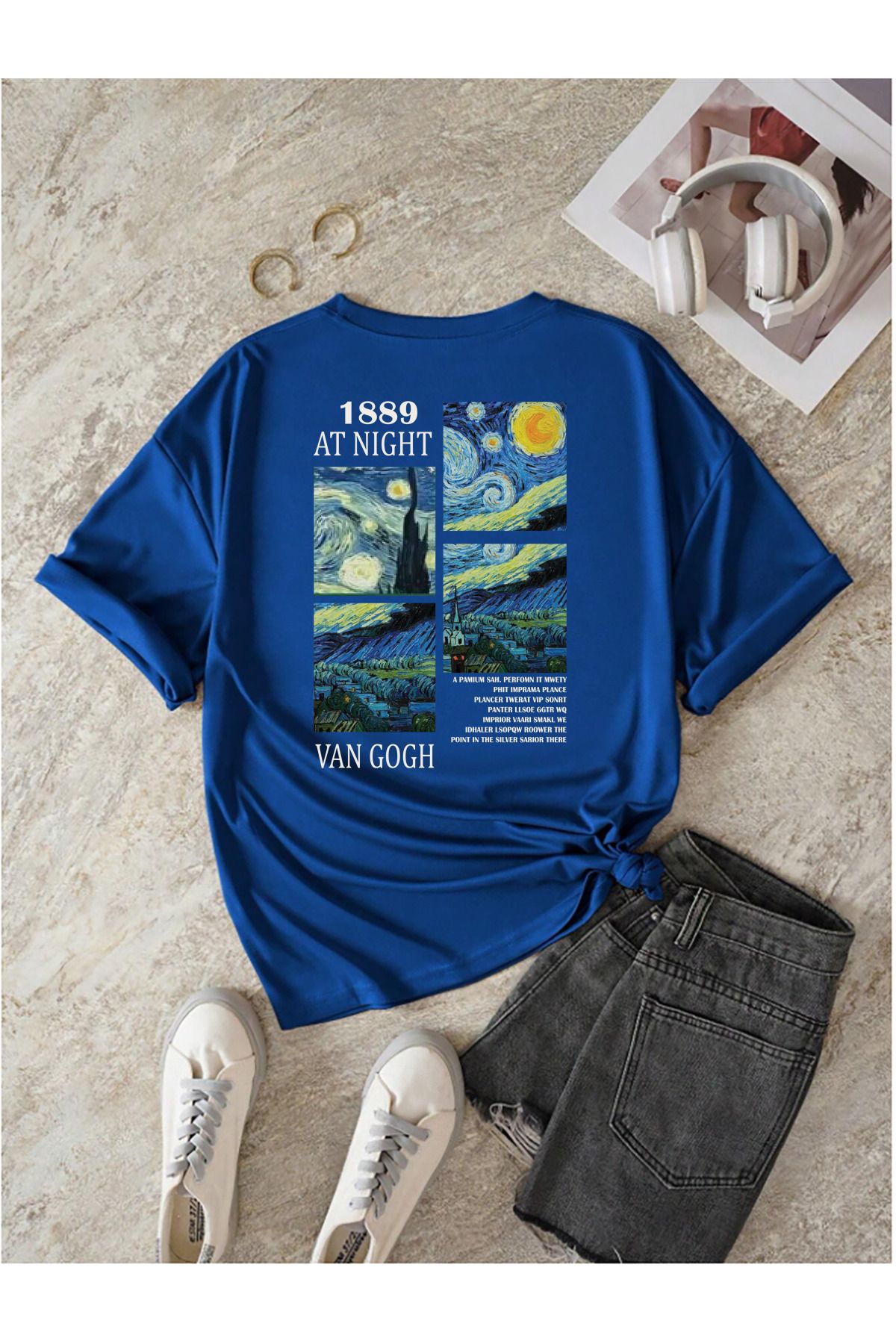 qavnas Unisex 1889 Vangogh Baskılı Rahat Kesim Sax T-Shirt