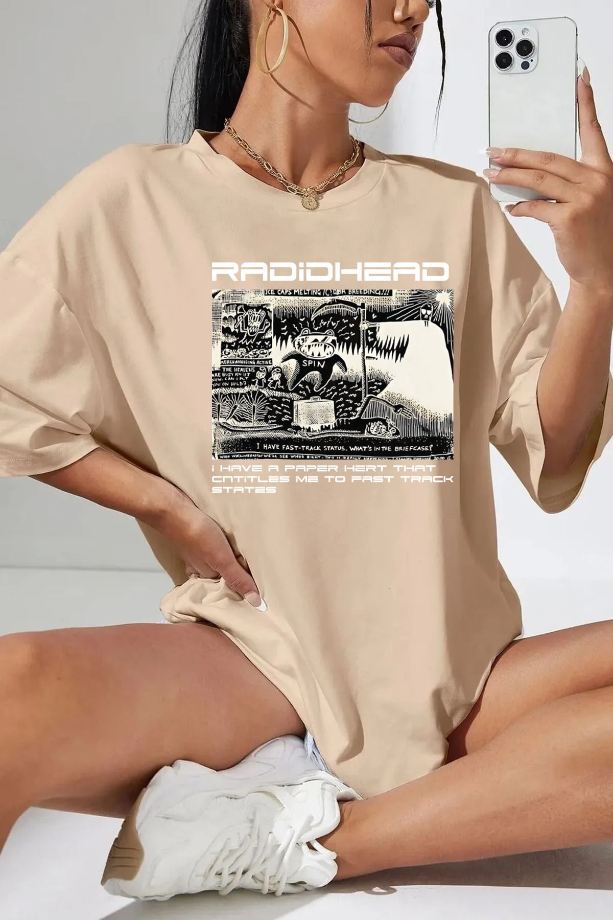 qavnas Unisex Radid Head Baskılı Rahat Kesim Bej T-Shirt