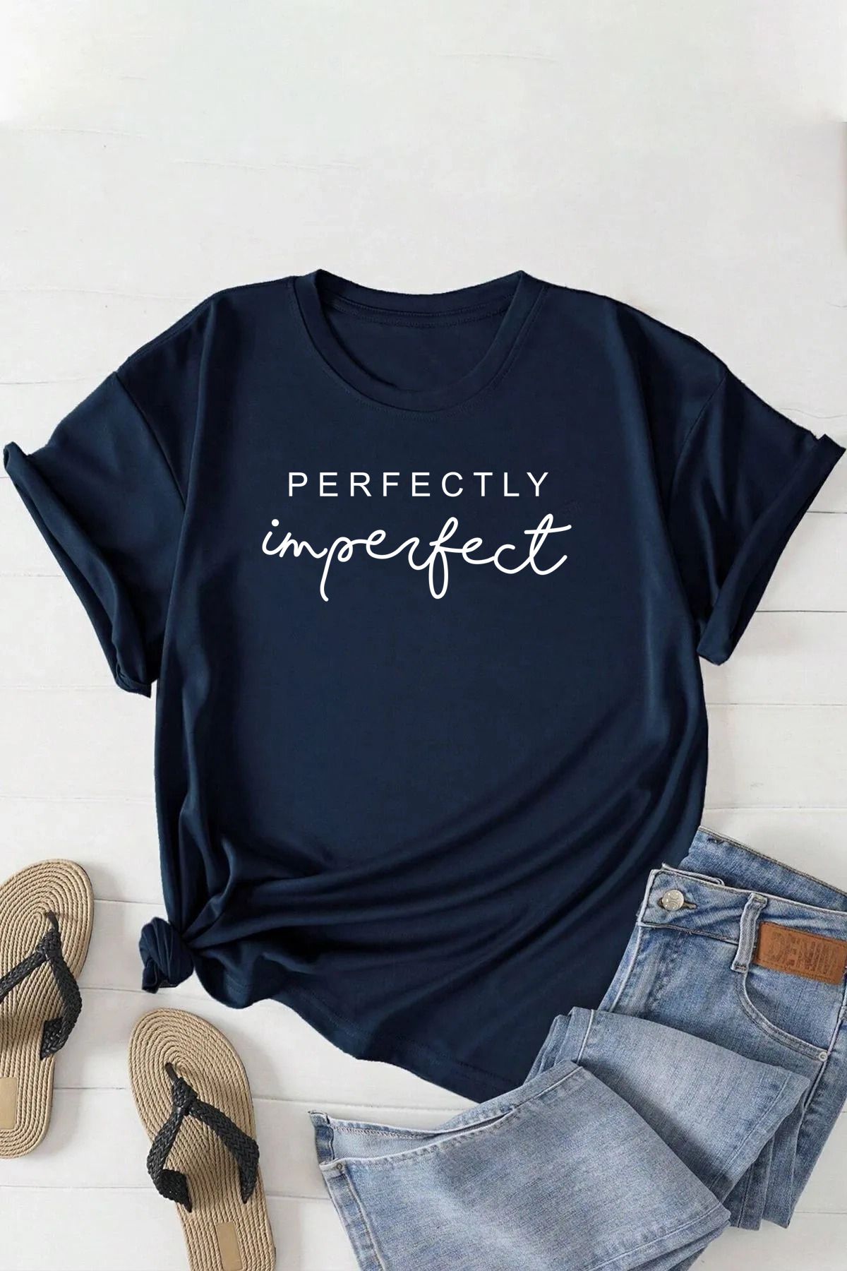 qavnas Unisex Perfectly Baskılı Rahat Kesim Lacivert T-Shirt