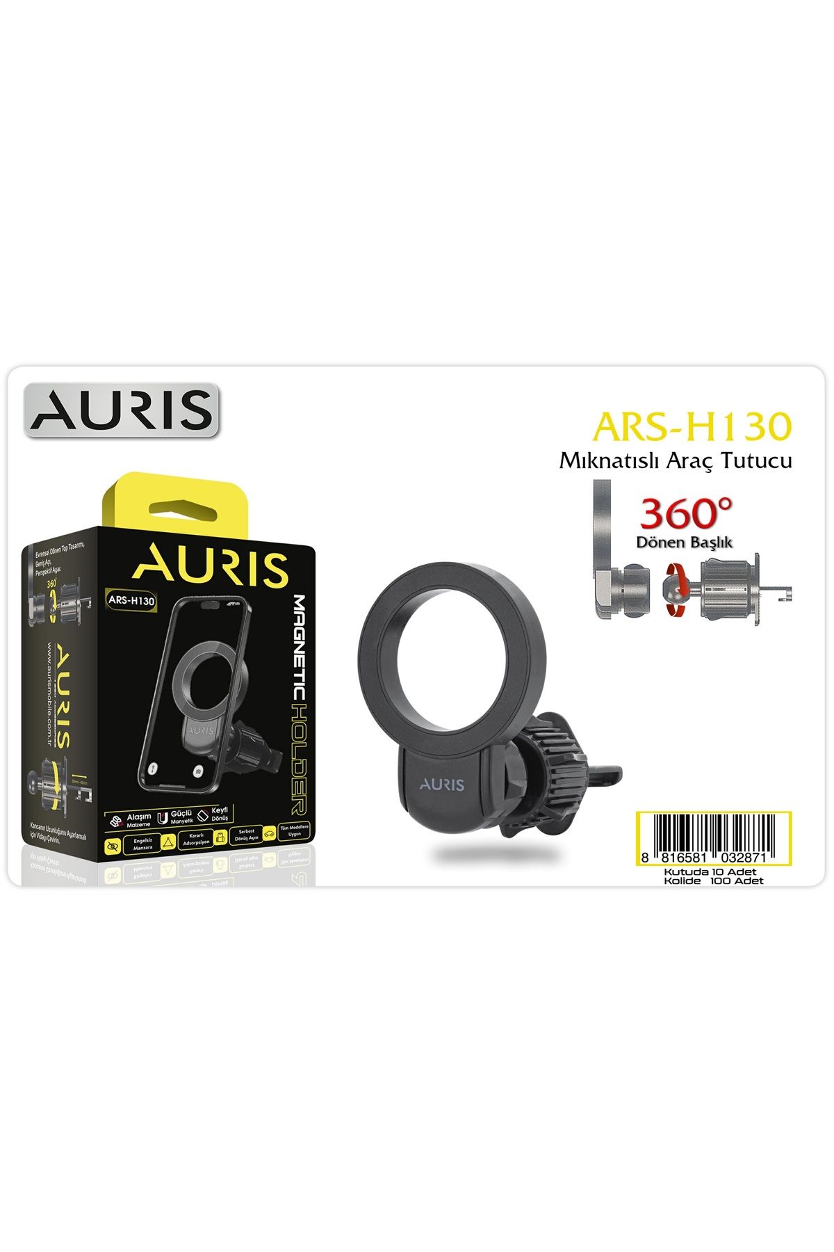 Auris ARS-H130 360° Dönen Başlıklı Mıknatıslı Araç Telefon Tutucu