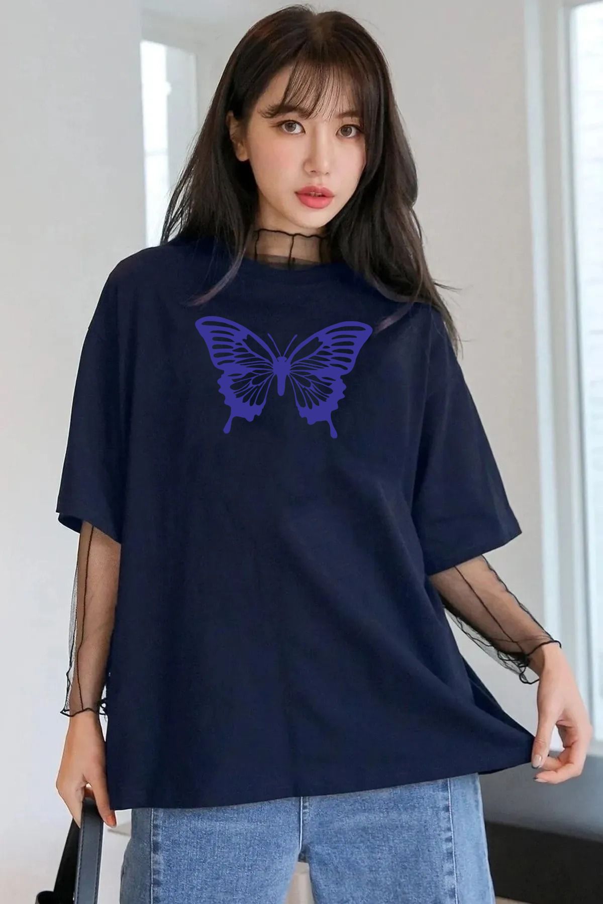 memowear Unisex Mor Kelebek Baskılı Rahat Kesim Lacivert T-Shirt