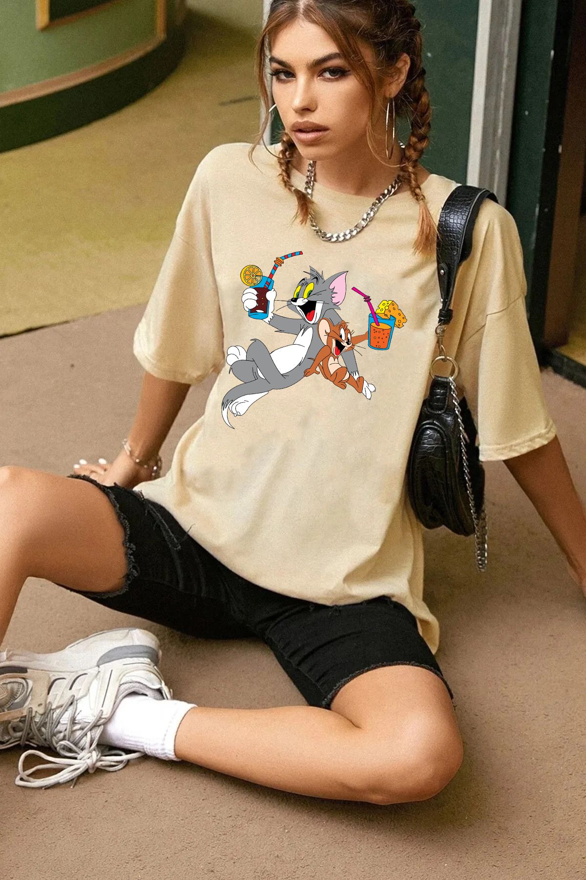 memowear Unisex Tom and Mickey Baskılı Rahat Kesim Bej T-Shirt