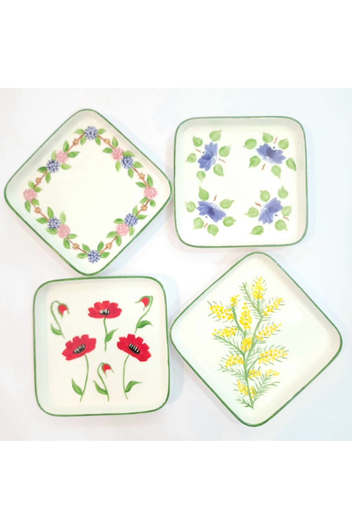 Mimoza Porselen Çiçek desen kare mini sunum tabağı 4'lü