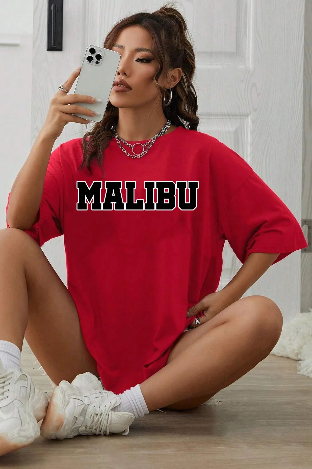 qavnas Unisex Malibu Baskılı Rahat Kesim Kırmızı T-Shirt