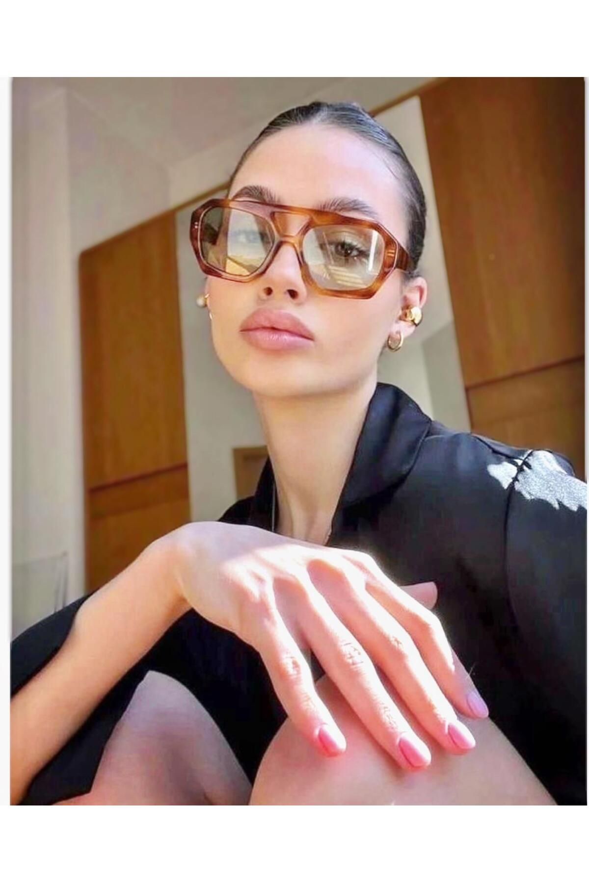 funeyes Vehal Leopar Desen Yeşil Renk Trend Gözlük Güneş Gözlüğü REnkli Cam Yeni Sezon