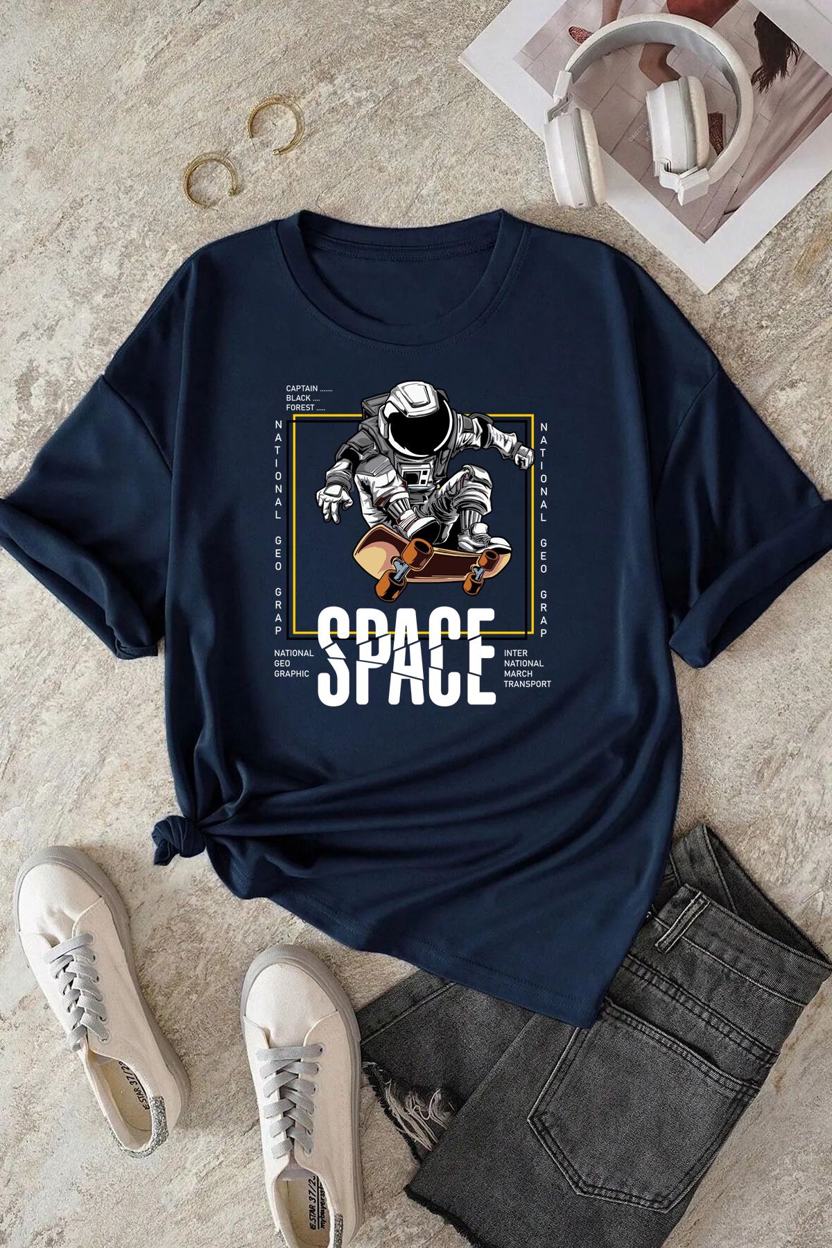 memowear Unisex Space Baskılı Rahat Kesim Lacivert T-Shirt