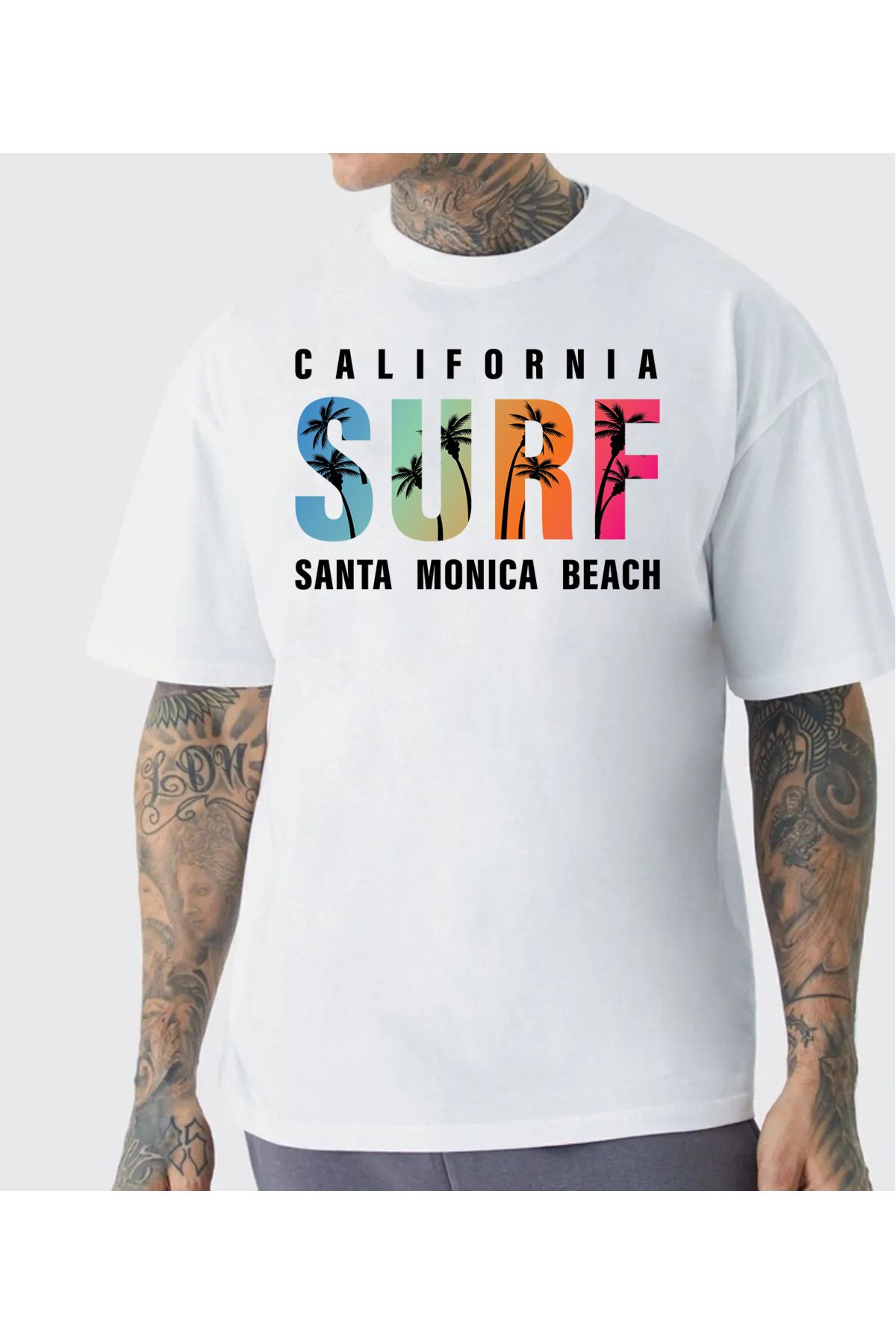 qavnas Unisex SURF Baskılı Rahat Kesim Beyaz T-Shirt
