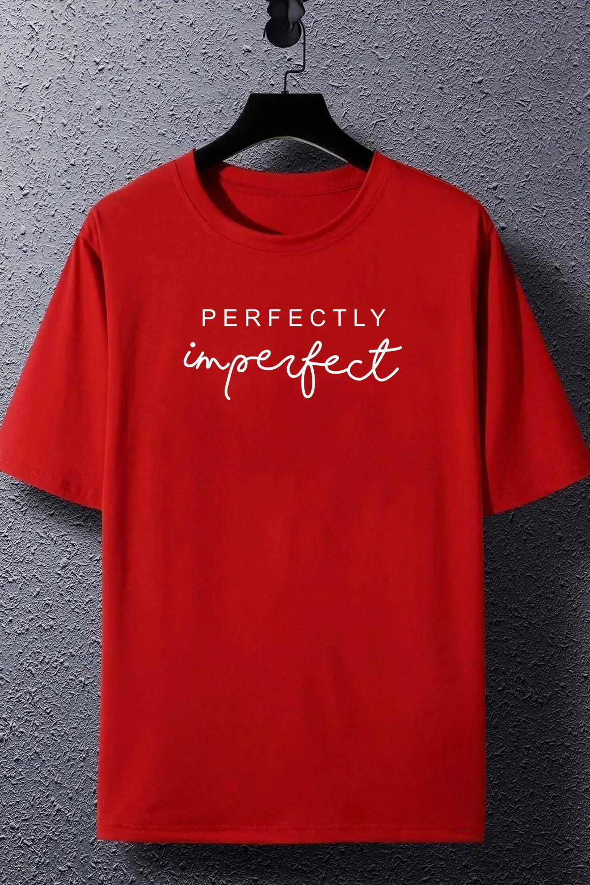 qavnas Unisex Perfectly Baskılı Rahat Kesim Kırmızı T-Shirt