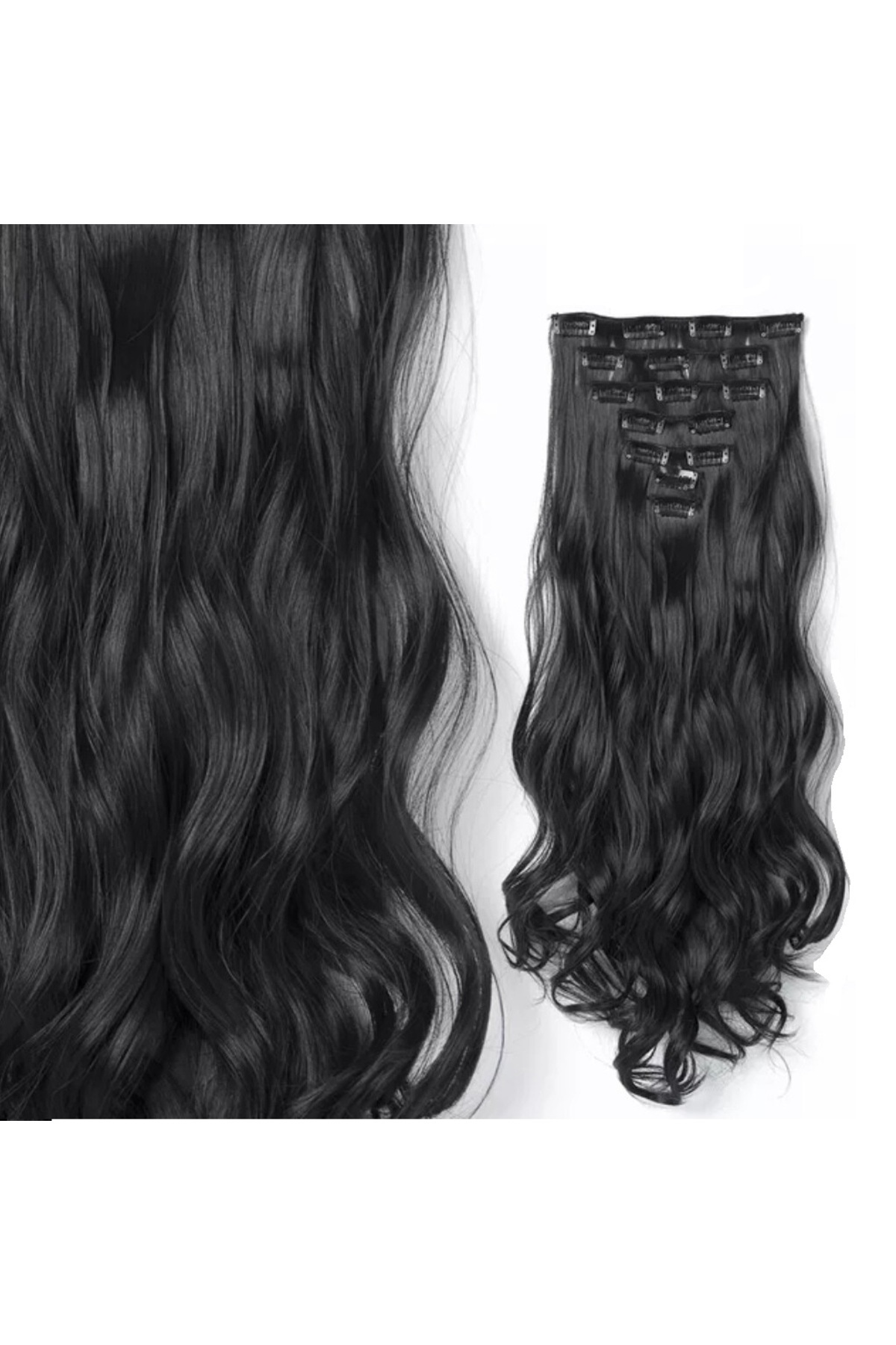 animis beauty-Black hair extensions, wavy clip-on, 16 clips, 55 cm, synthetic fiber with natural look 1