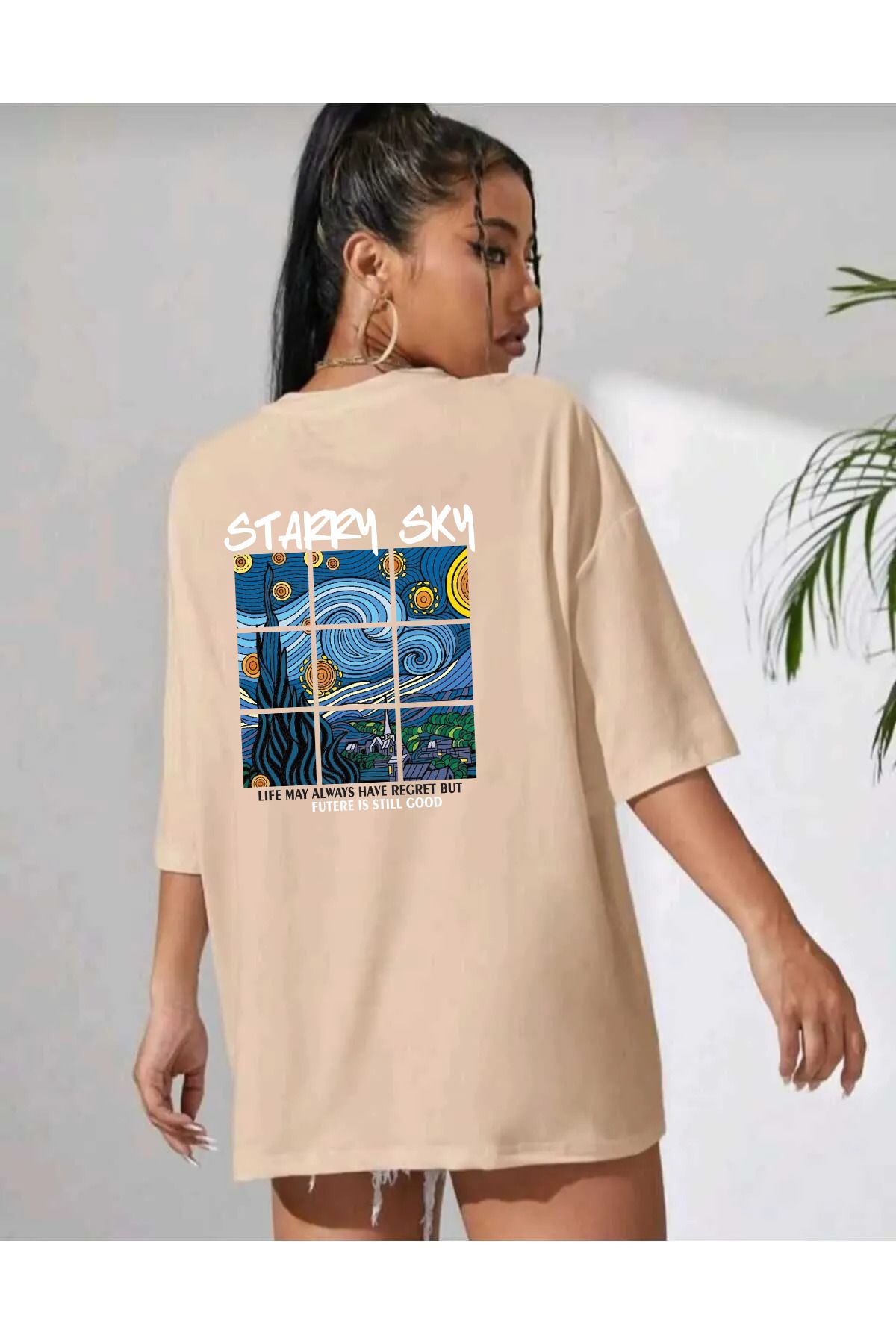 qavnas Unisex Starry SKY Baskılı Rahat Kesim Bej T-Shirt