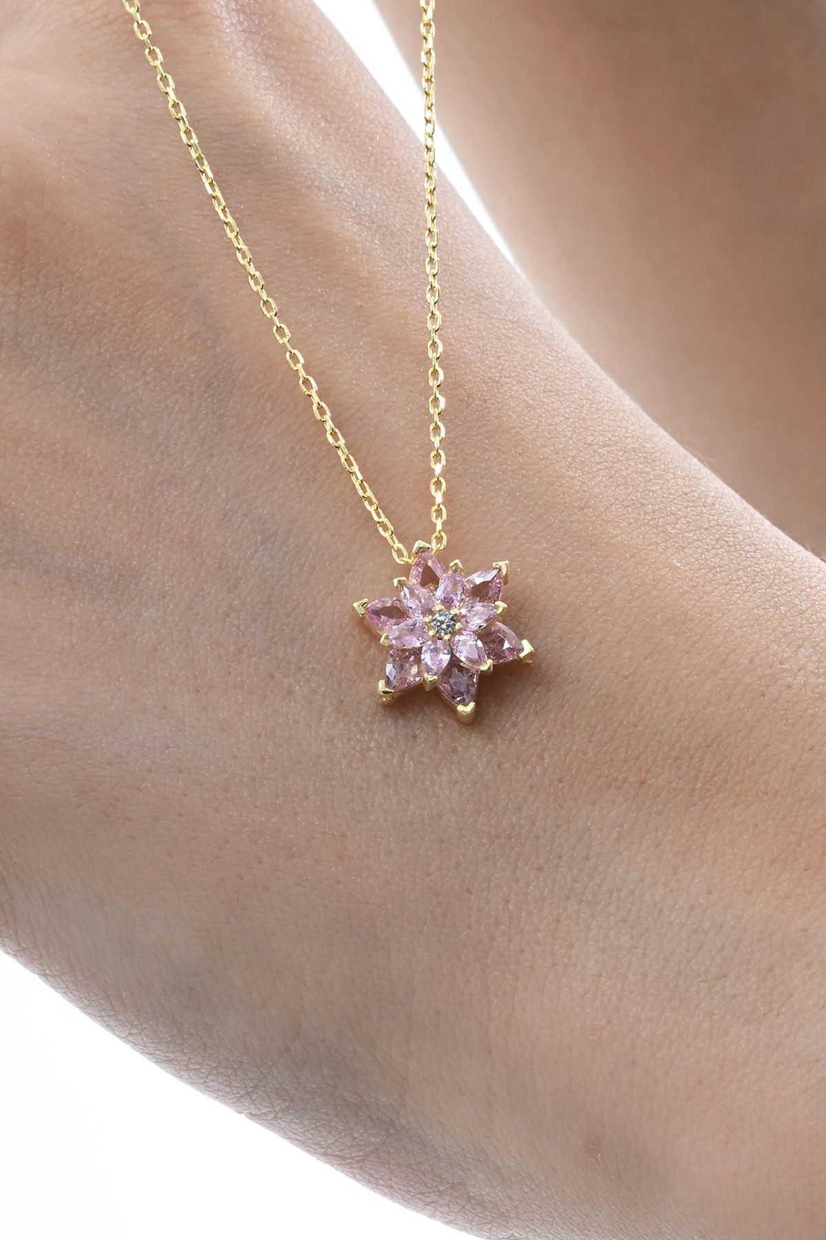 jingle bells Lotus Çiceği Kolye Çift Katlı Pembe Zirkon Taşlı 925 Ayar Gümüş Altın Kaplama