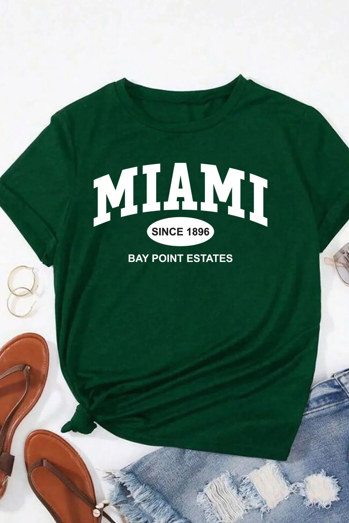 qavnas Unisex Miami Baskılı Rahat Kesim Yeşil T-Shirt