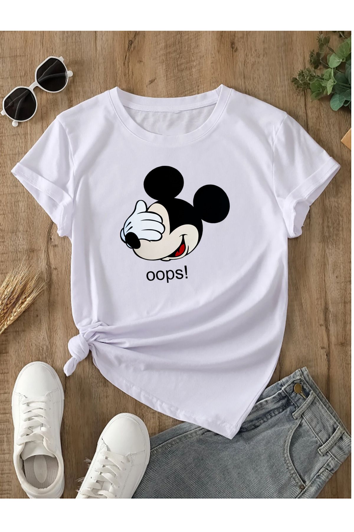 qavnas Unisex Oops! Baskılı Rahat Kesim Beyaz T-Shirt