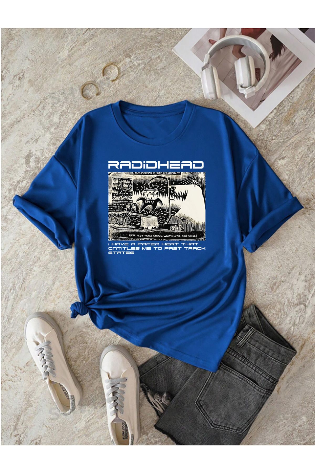 memowear Unisex Radid Head Baskılı Rahat Kesim Sax-Mavi T-Shirt