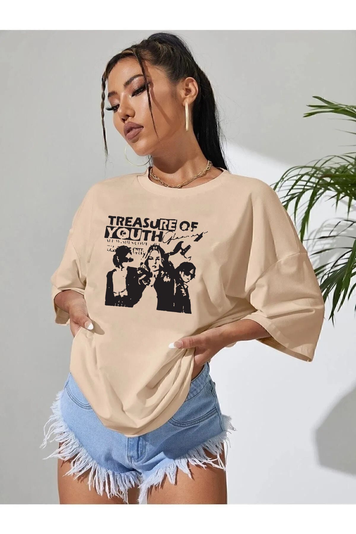qavnas Unisex Treasure Baskılı Rahat Kesim Bej T-Shirt
