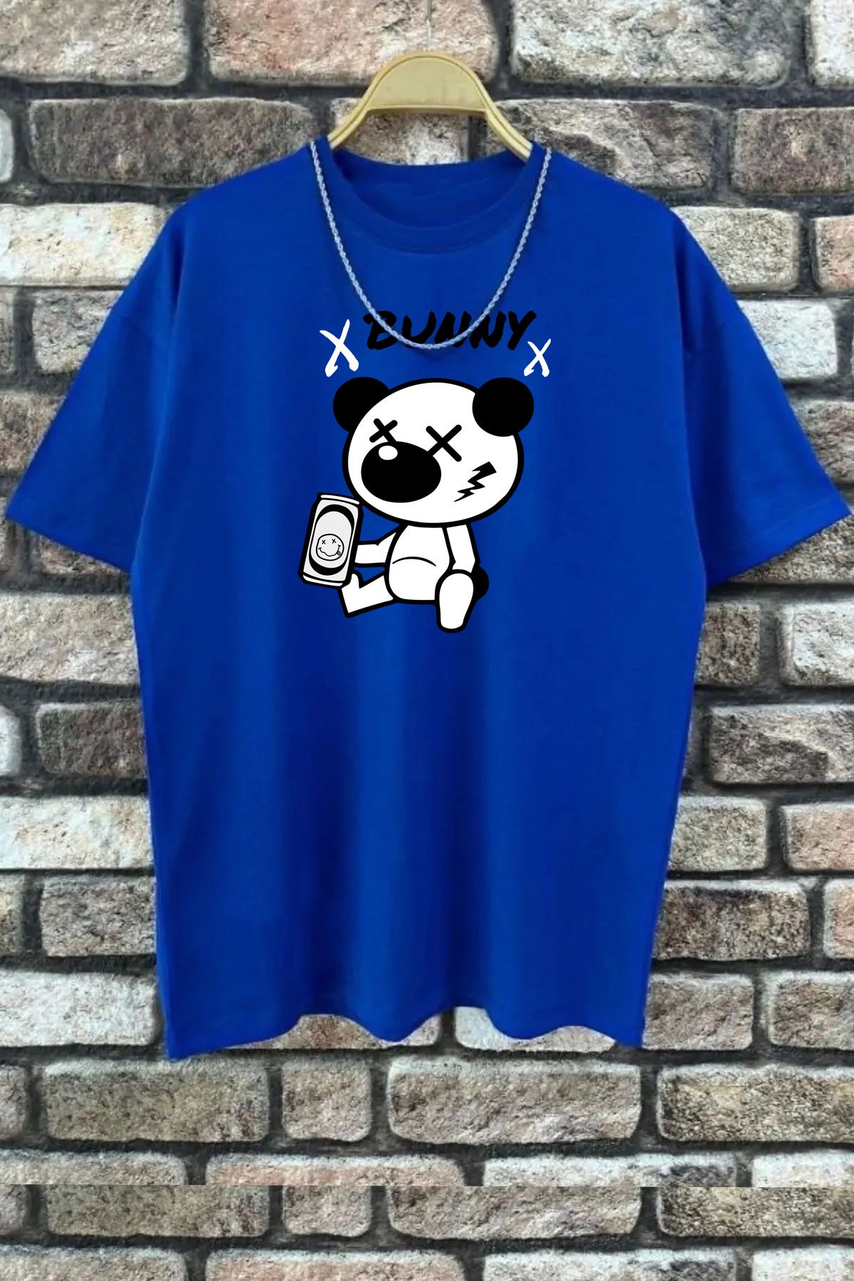 qavnas Unisex Bunny Baskılı Rahat Kesim Sax-Mavi T-Shirt