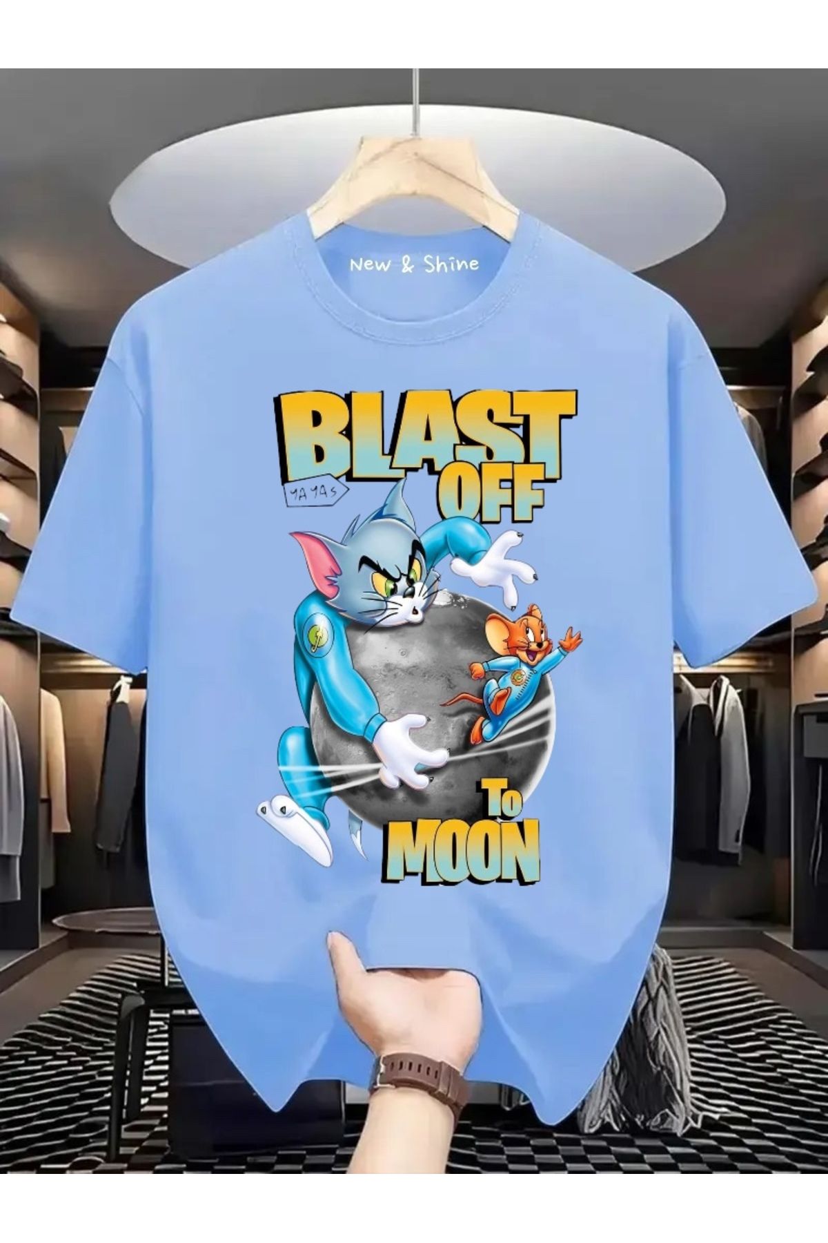 New Shine Blast Off To Moon Tom ve Jerry Baskılı Oversize T-Shirt
