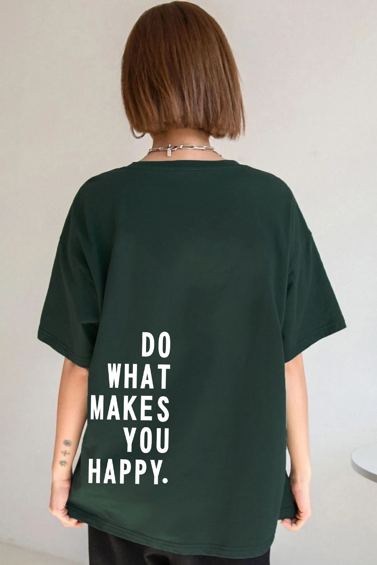 qavnas Unisex Do What Makes You Happy Baskılı Rahat Kesim Yeşil T-Shirt