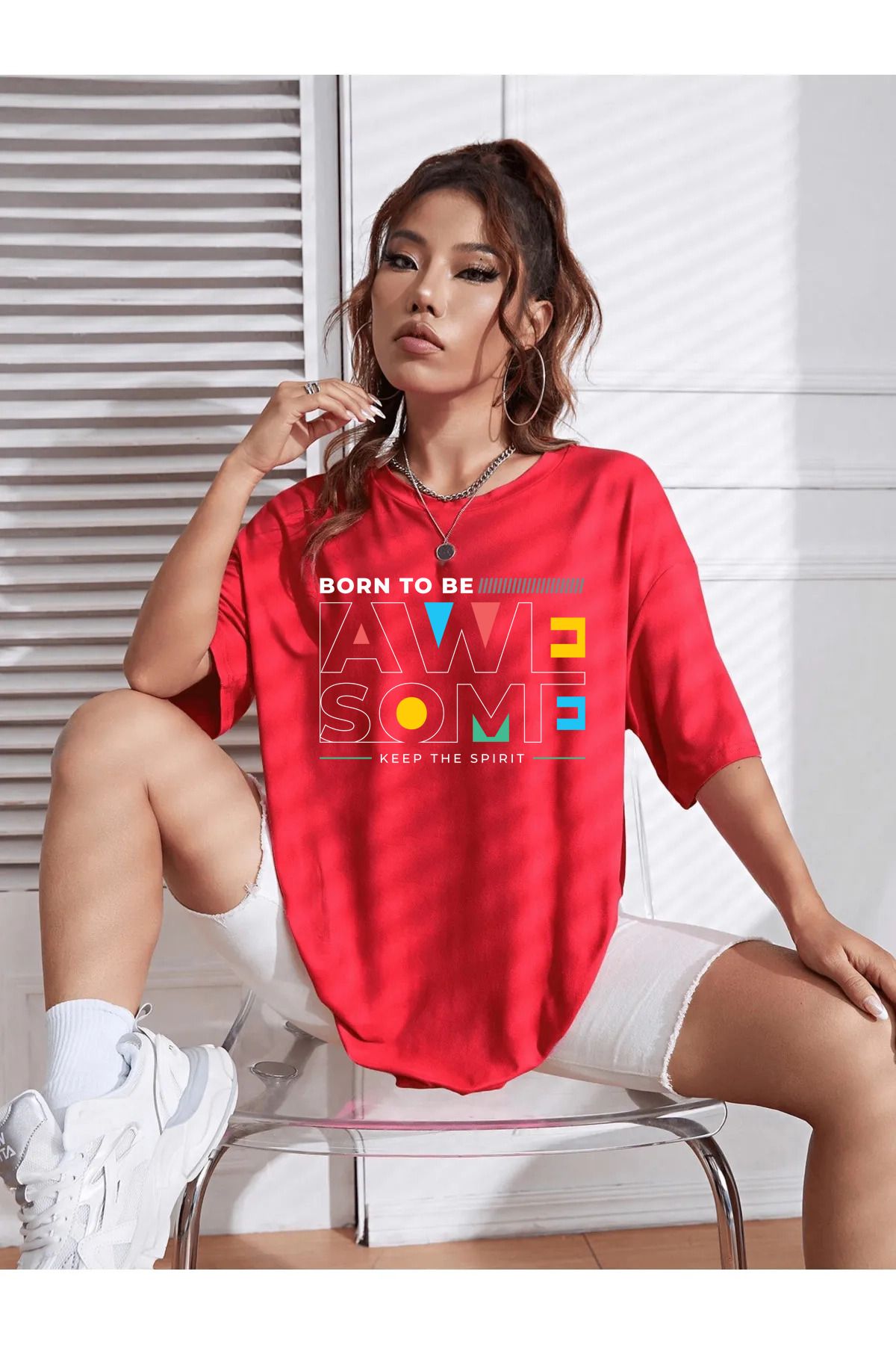 yueswear Unisex Awe Some Baskılı Rahat Kesim Kırmızı T-Shirt