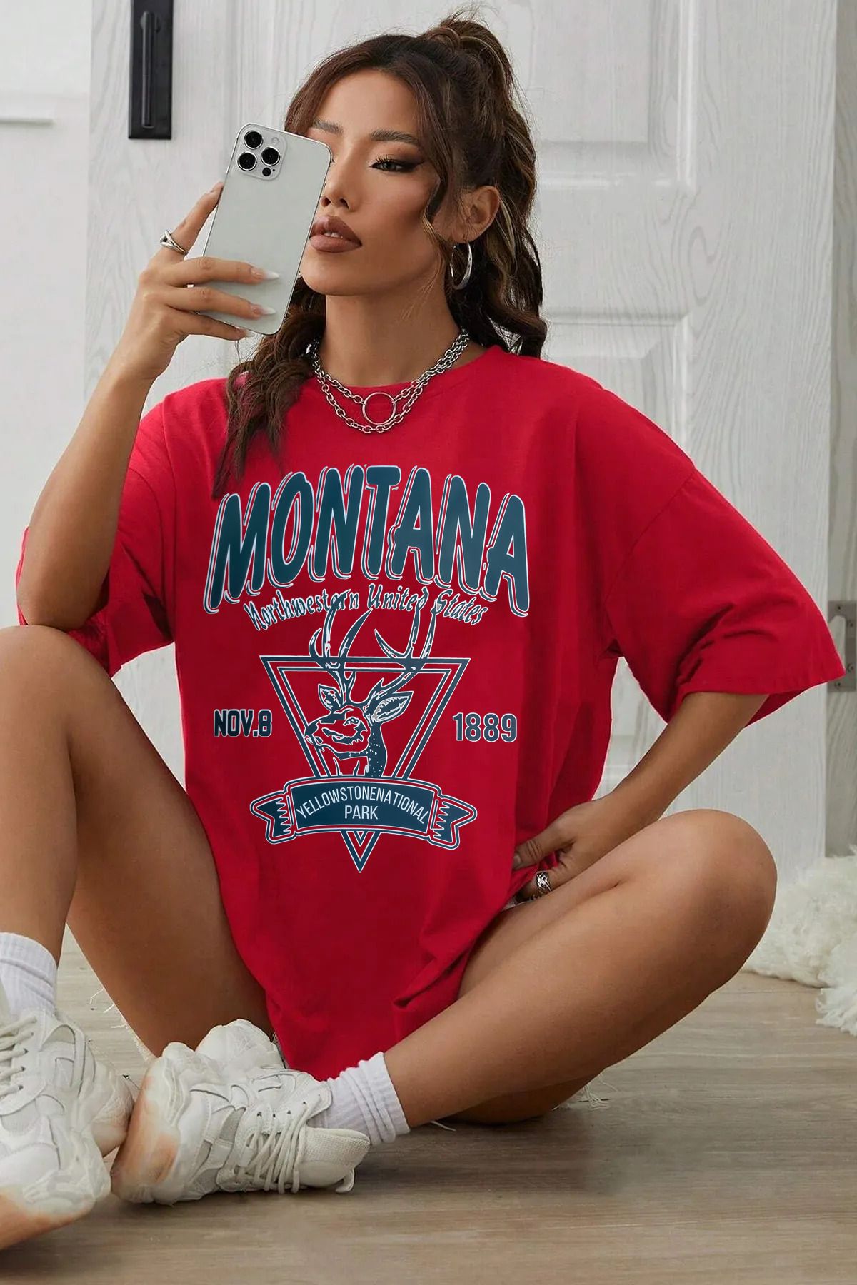 memowear Unisex Montana Baskılı Rahat Kesim Kırmızı T-Shirt