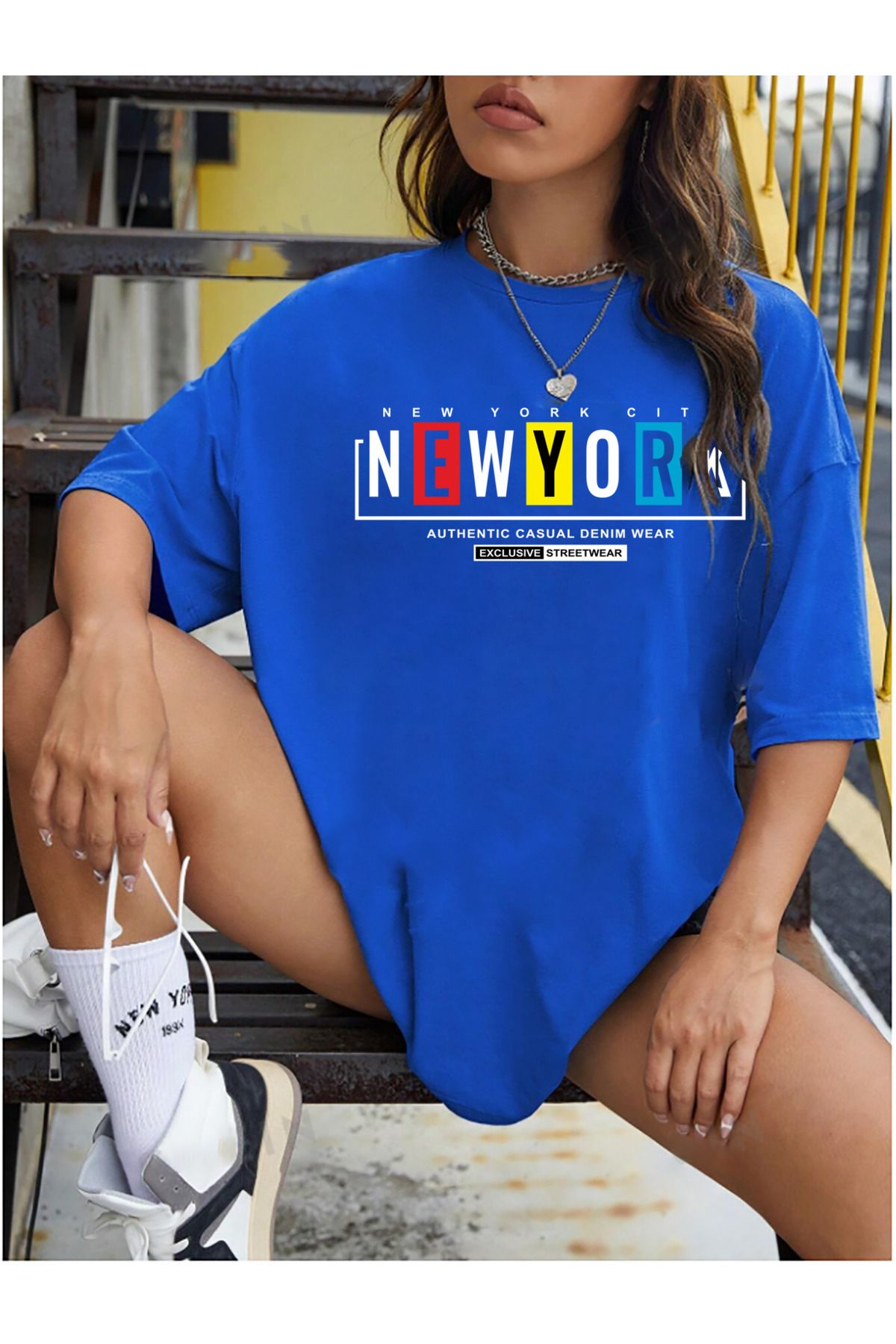 qavnas Unisex Newyork Baskılı Rahat Kesim Sax-Mavi T-Shirt
