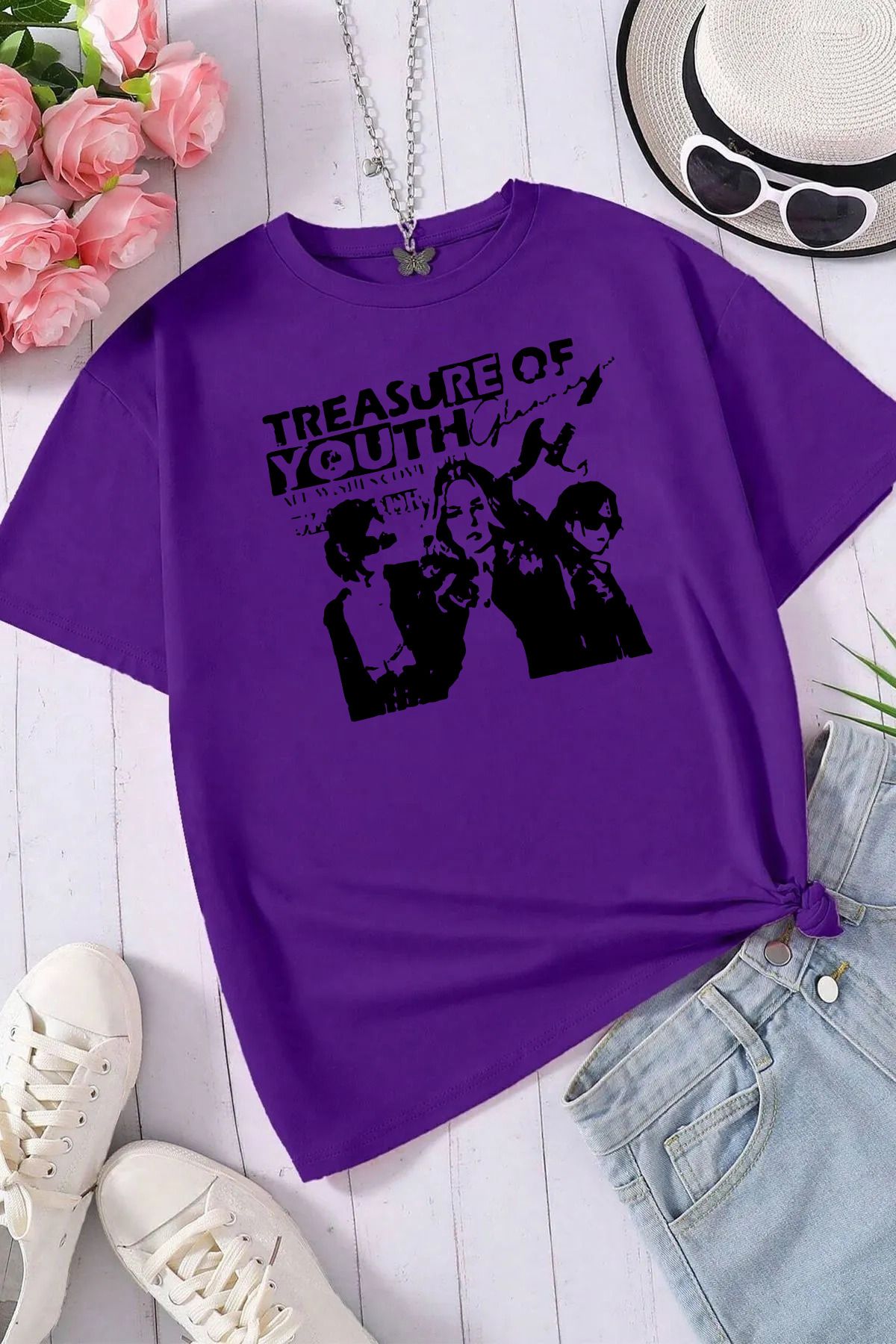 halowear Unisex Treasure Baskılı Rahat Kesim Mor T-Shirt