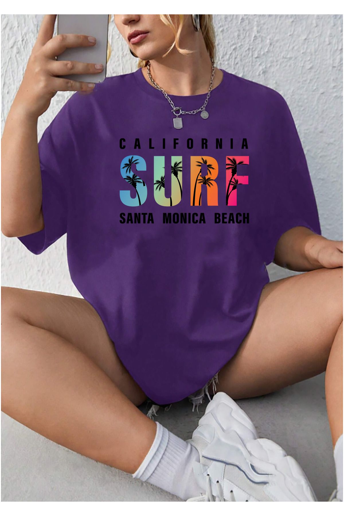 qavnas Unisex SURF Baskılı Rahat Kesim Mor T-Shirt