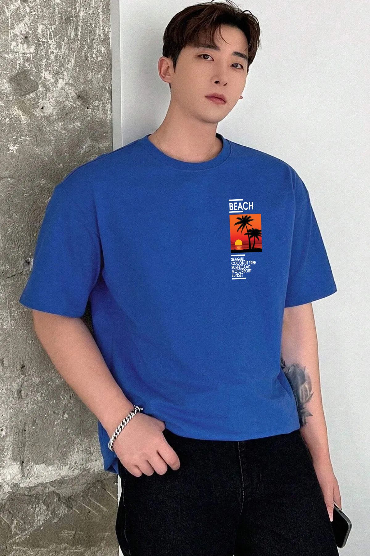 memowear Unisex Beach Gün Batımı Baskılı Rahat Kesim Sax-Mavi T-Shirt