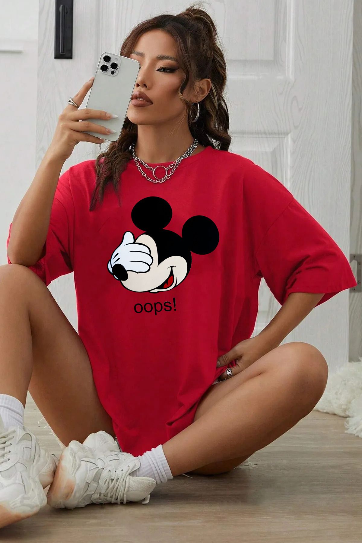 qavnas Unisex Oops! Baskılı Rahat Kesim Kırmızı T-Shirt