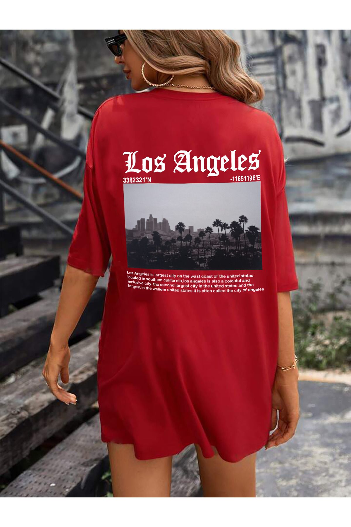 qavnas Unisex Los Angeles Baskılı Rahat Kesim Kırmızı T-Shirt