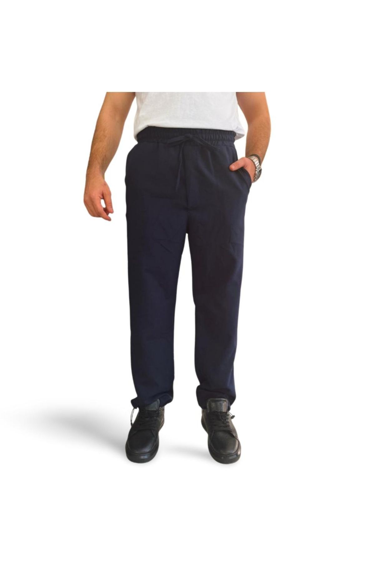 shop Erkek Beli Lastikli Ayarlanabilir Paça Bağcıklı Jogger Lacivert Pantolon Rahat Kesim Yan Cepli