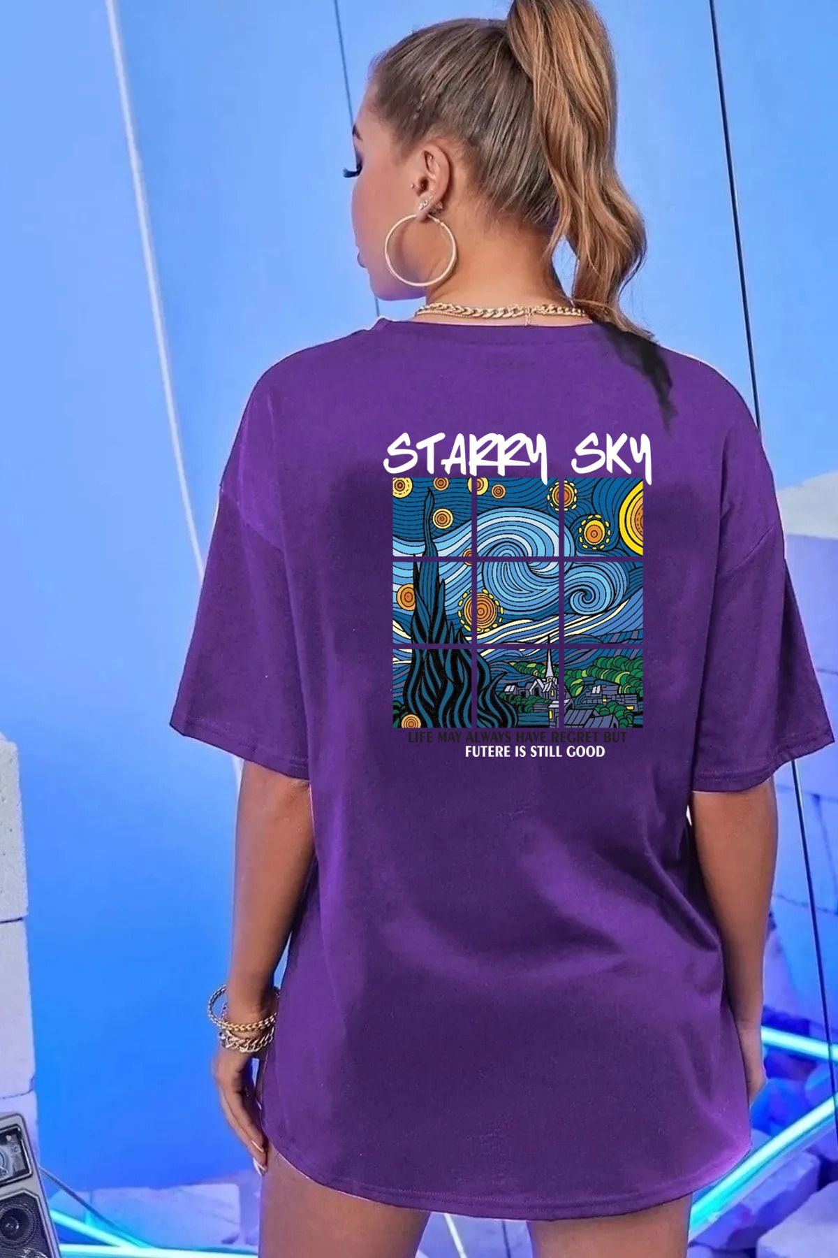 memowear Unisex Starry SKY Baskılı Rahat Kesim Mor T-Shirt