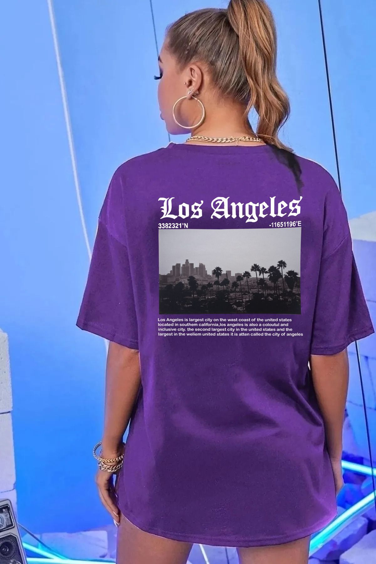 memowear Unisex Los Angeles Baskılı Rahat Kesim Mor T-Shirt