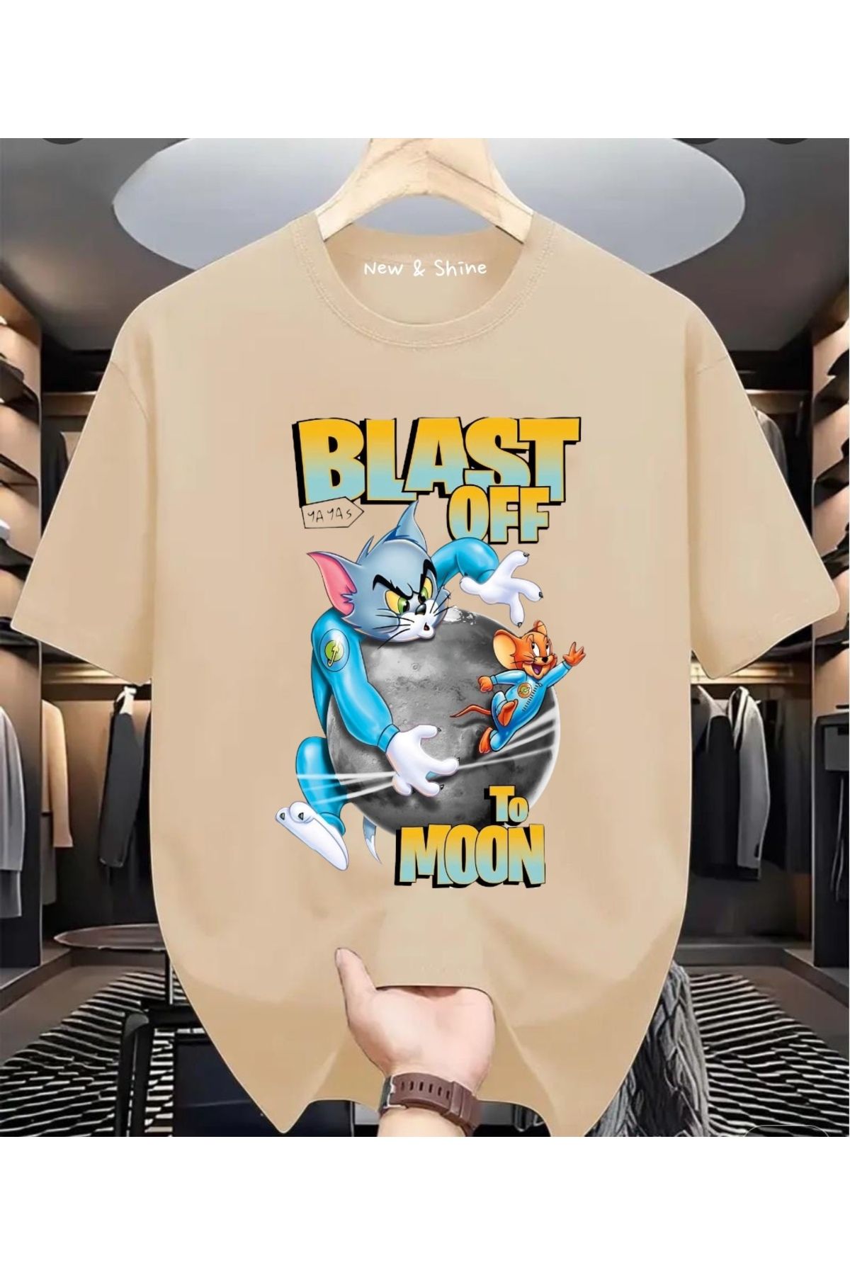 New Shine Blast Off To Moon Tom ve Jerry Baskılı Oversize T-Shirt
