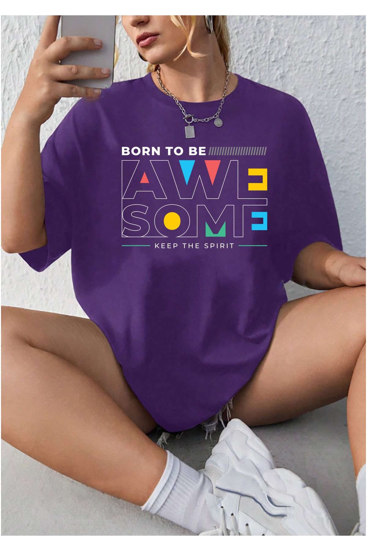 memowear Unisex Awe Some Baskılı Rahat Kesim Mor T-Shirt