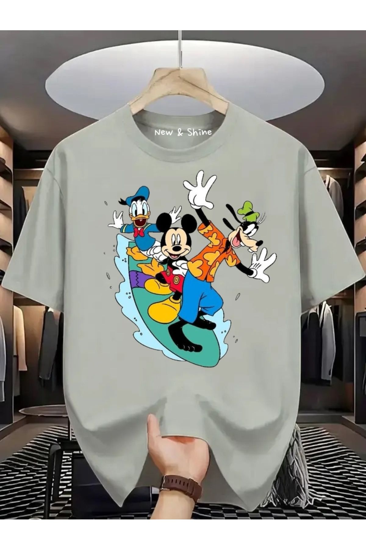 New Shine Donald Mickey Goofy Baskılı Oversize T-Shirt