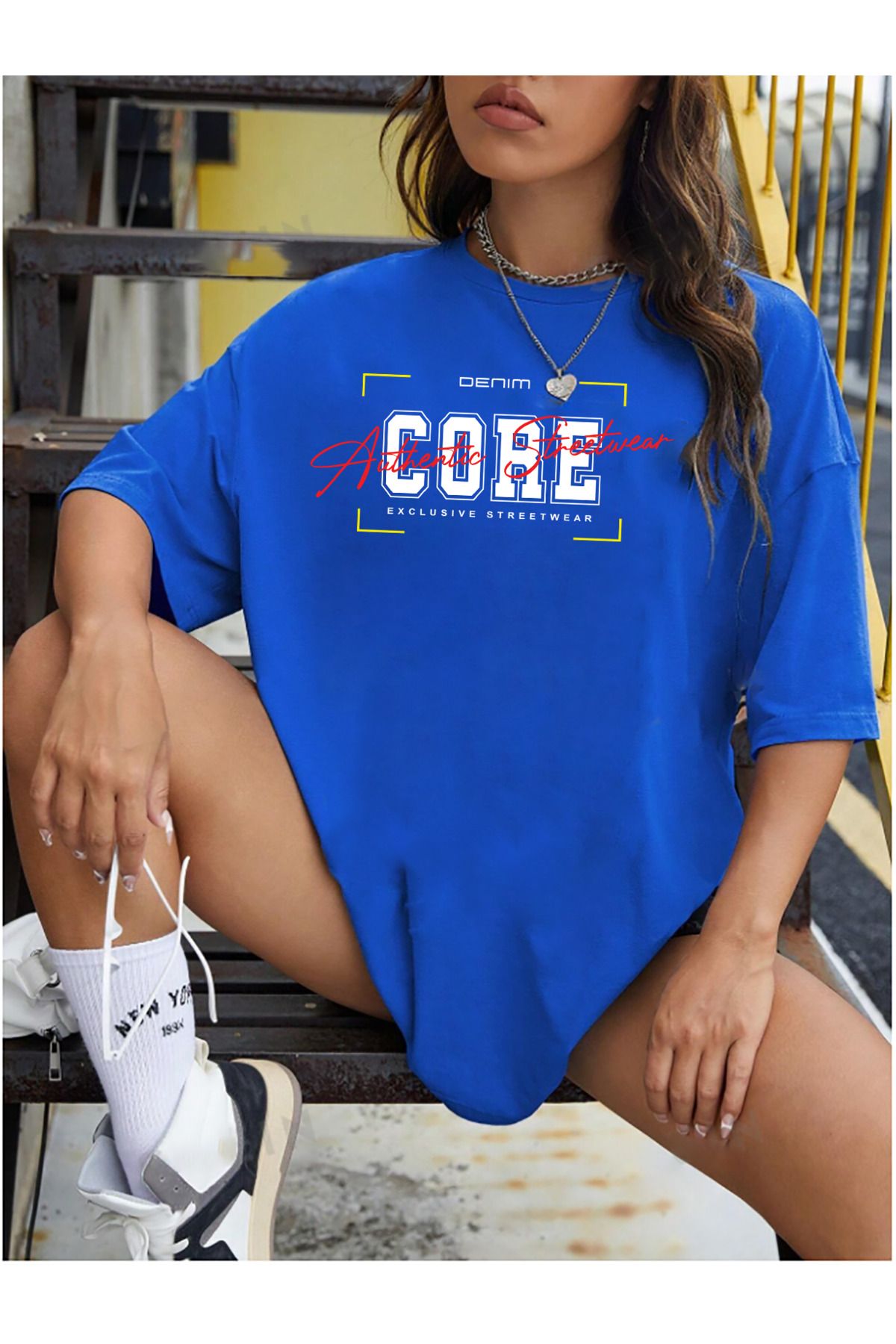 halowear Unisex Core Baskılı Rahat Kesim Sax-Mavi T-Shirt