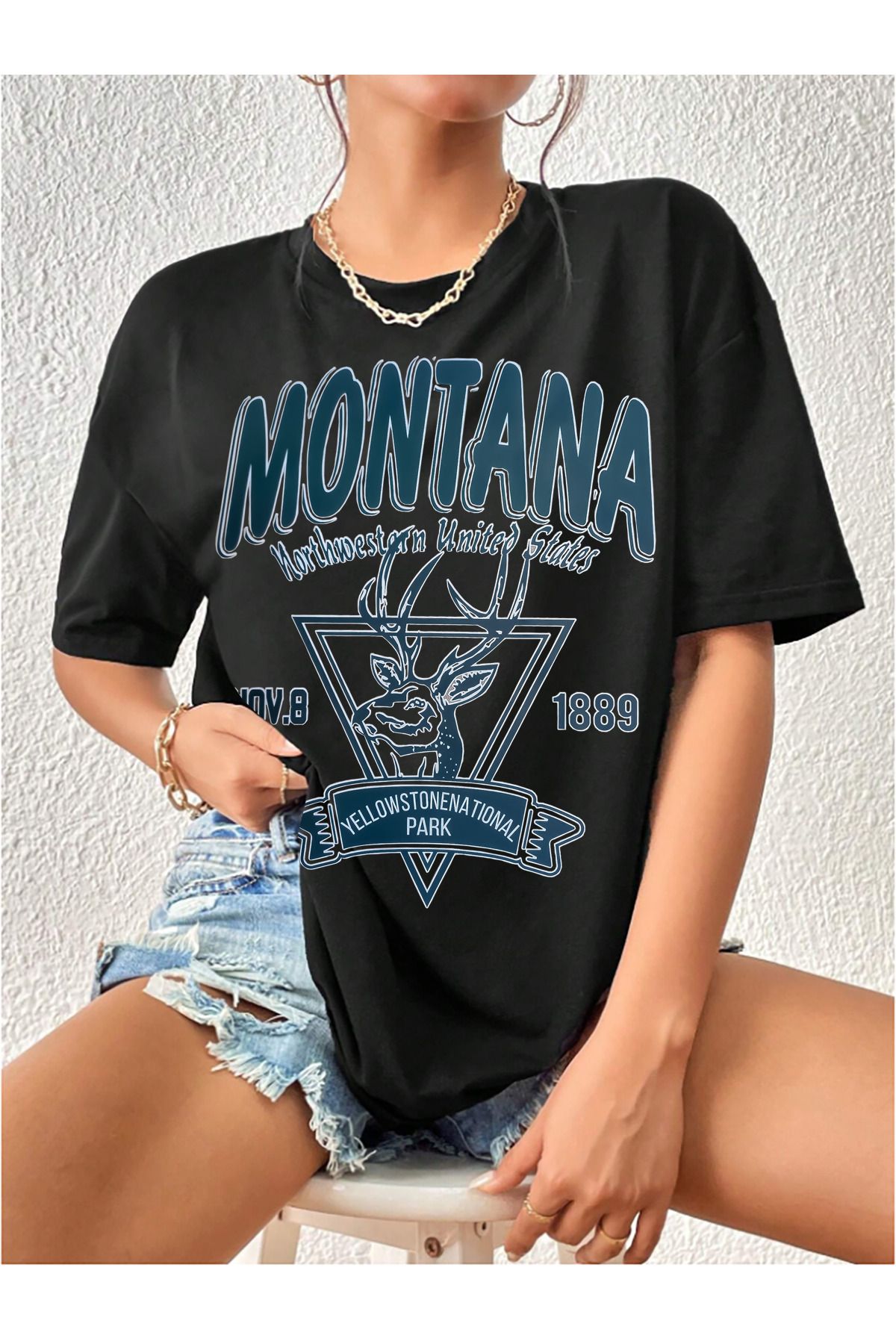 yueswear Unisex Montana Baskılı Rahat Kesim Siyah T-Shirt