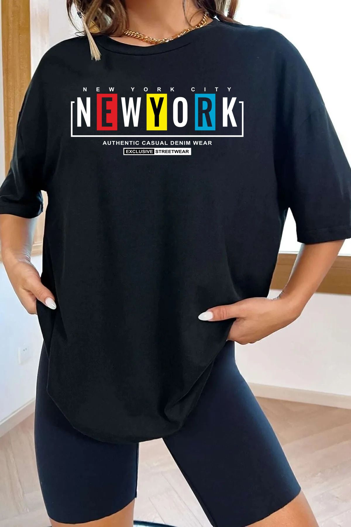 qavnas Unisex Newyork Baskılı Rahat Kesim Siyah T-Shirt