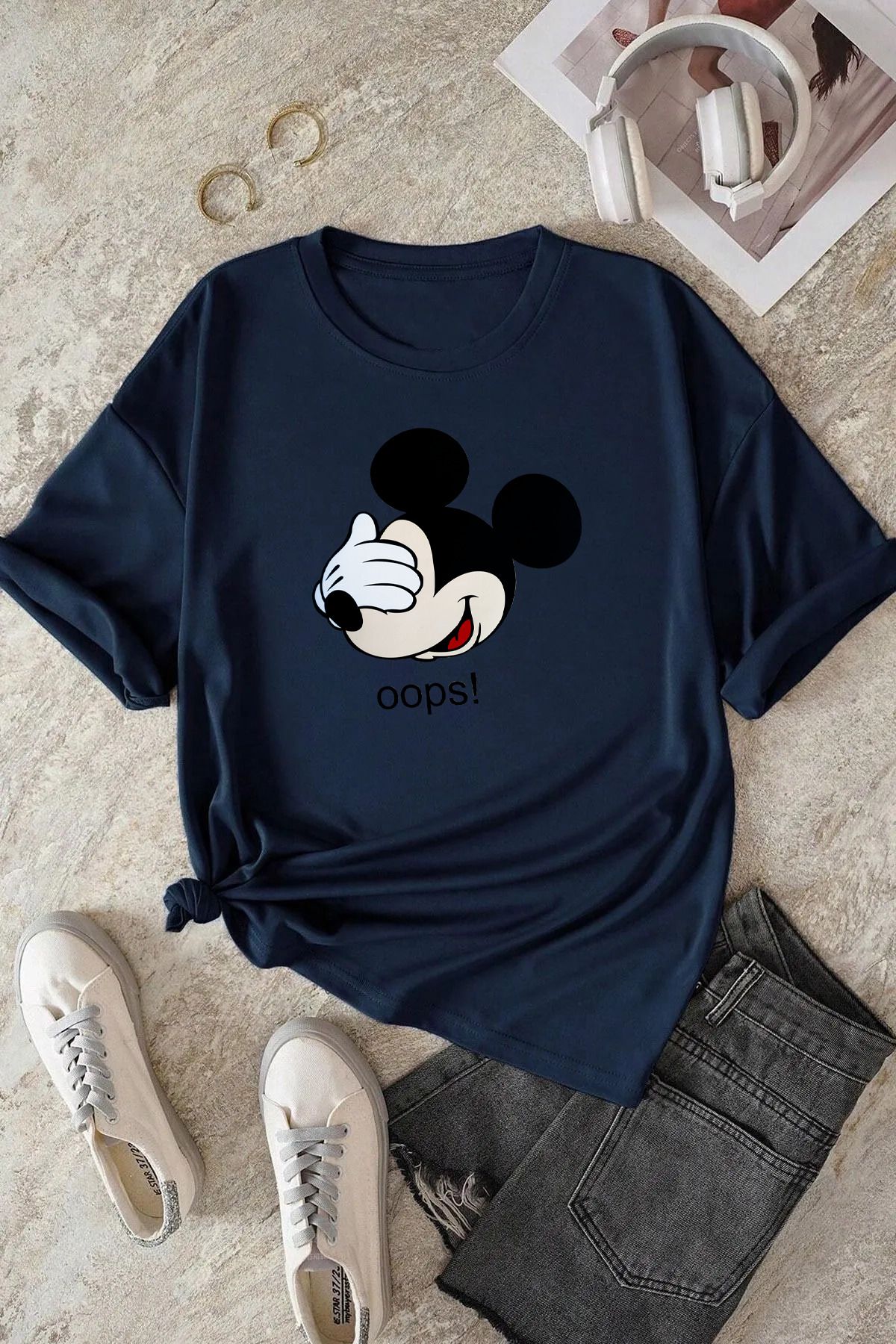 qavnas Unisex Oops! Baskılı Rahat Kesim Lacivert T-Shirt