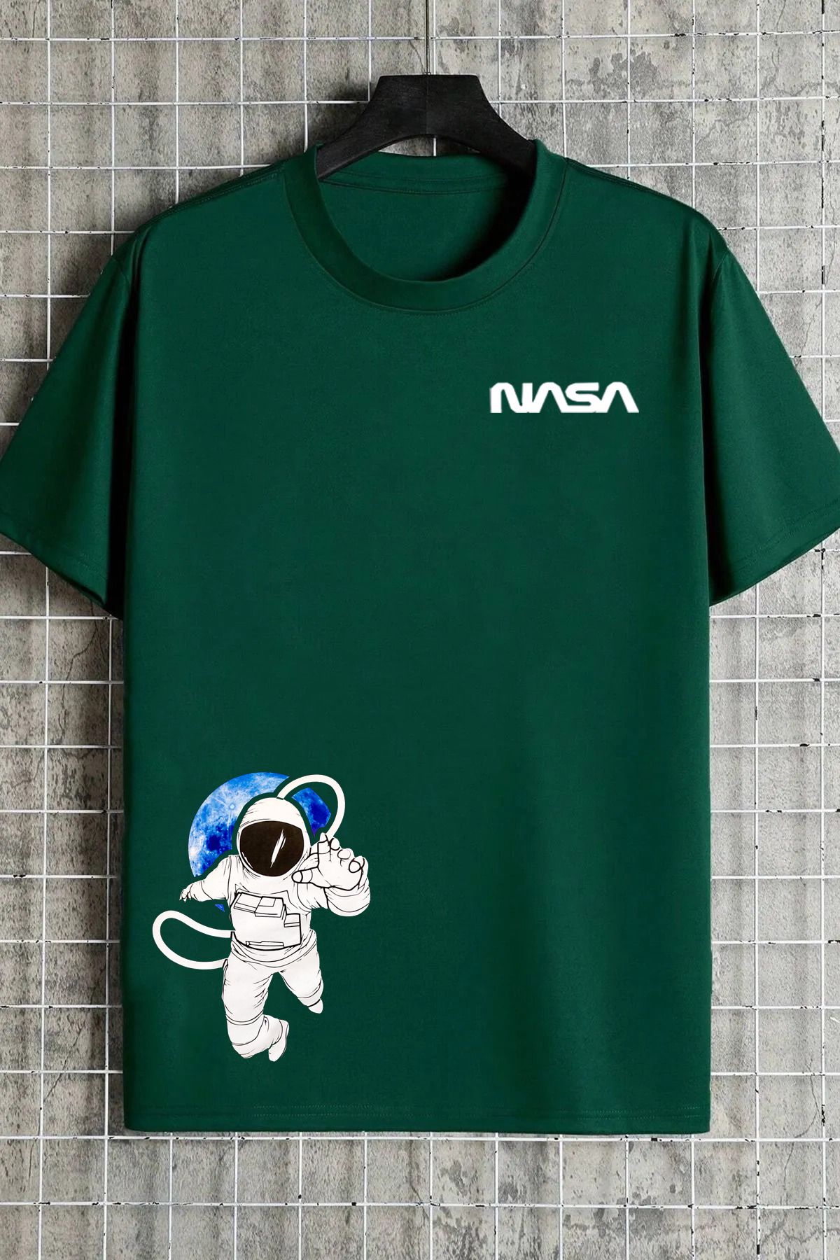 halowear Unisex Nasa Astronot Baskılı Rahat Kesim Yeşil T-Shirt