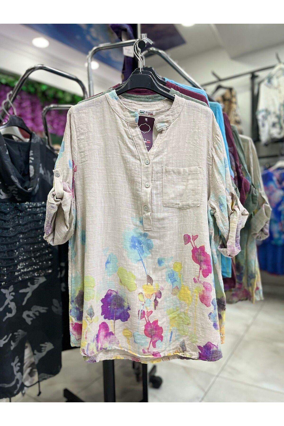CELTMODA Kadın Çiçek Desenli İtalyan Pamuklu Bluz - Beyaz