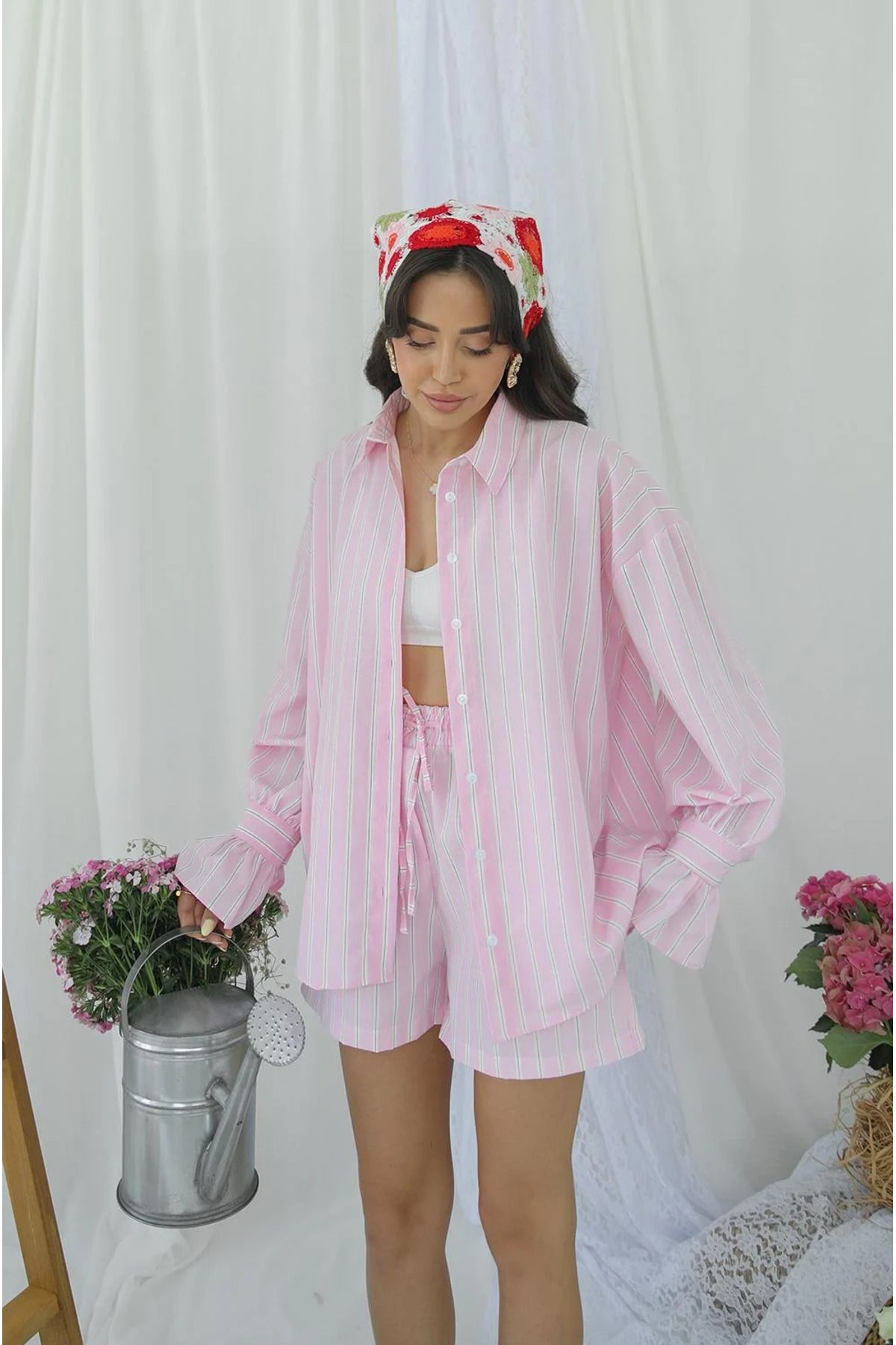 Lady Pixie Çizgili Fırfır Detaylı Şortlu Takım