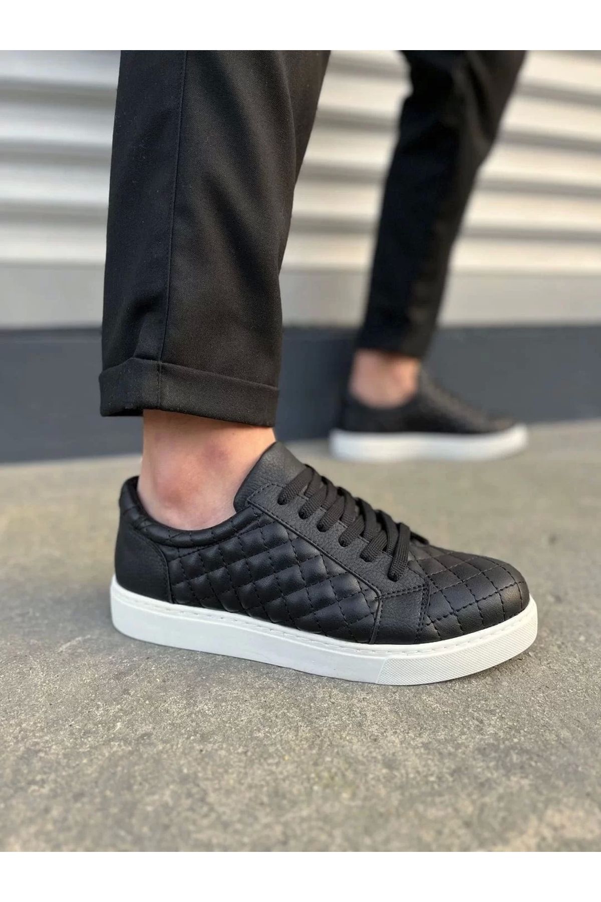 BİCANS JY166 Prestige Bağcıklı Cilt Kapitone Desenli Erkek Günlük Sneaker Ayakkabı CBT - Siyah