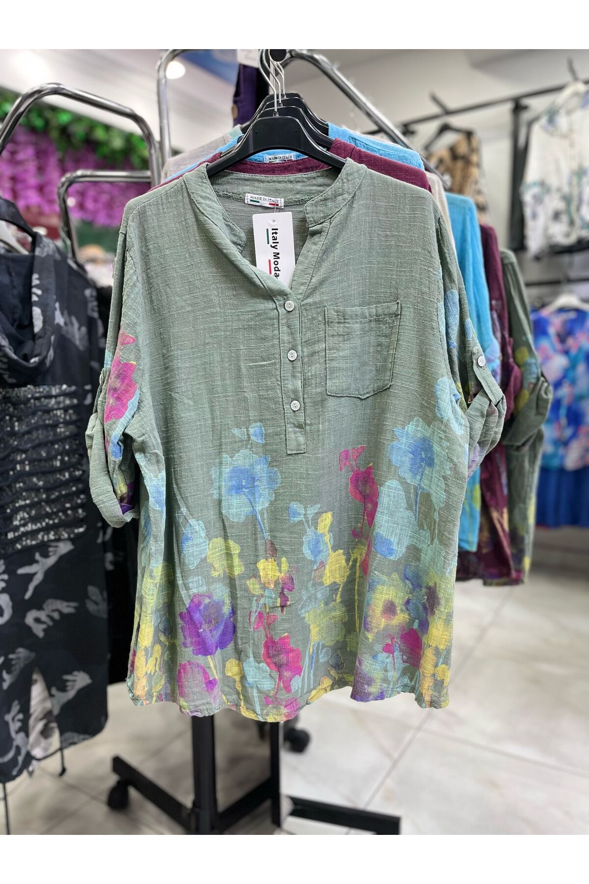CELTMODA Kadın Çiçek Desenli İtalyan Pamuklu Bluz - Yeşil