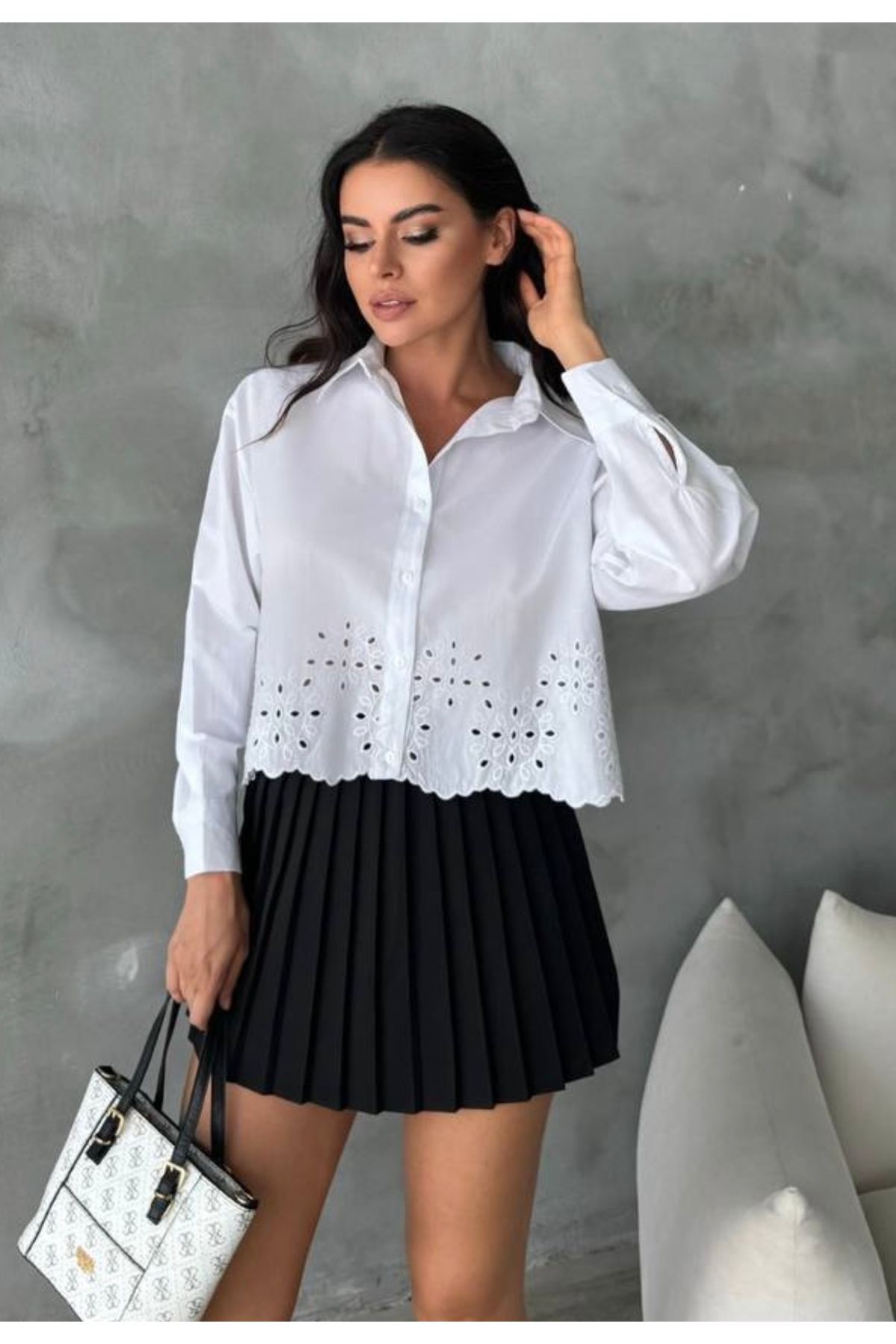 disponible Uzun Kollu Crop Beyaz Kadın Gömlek