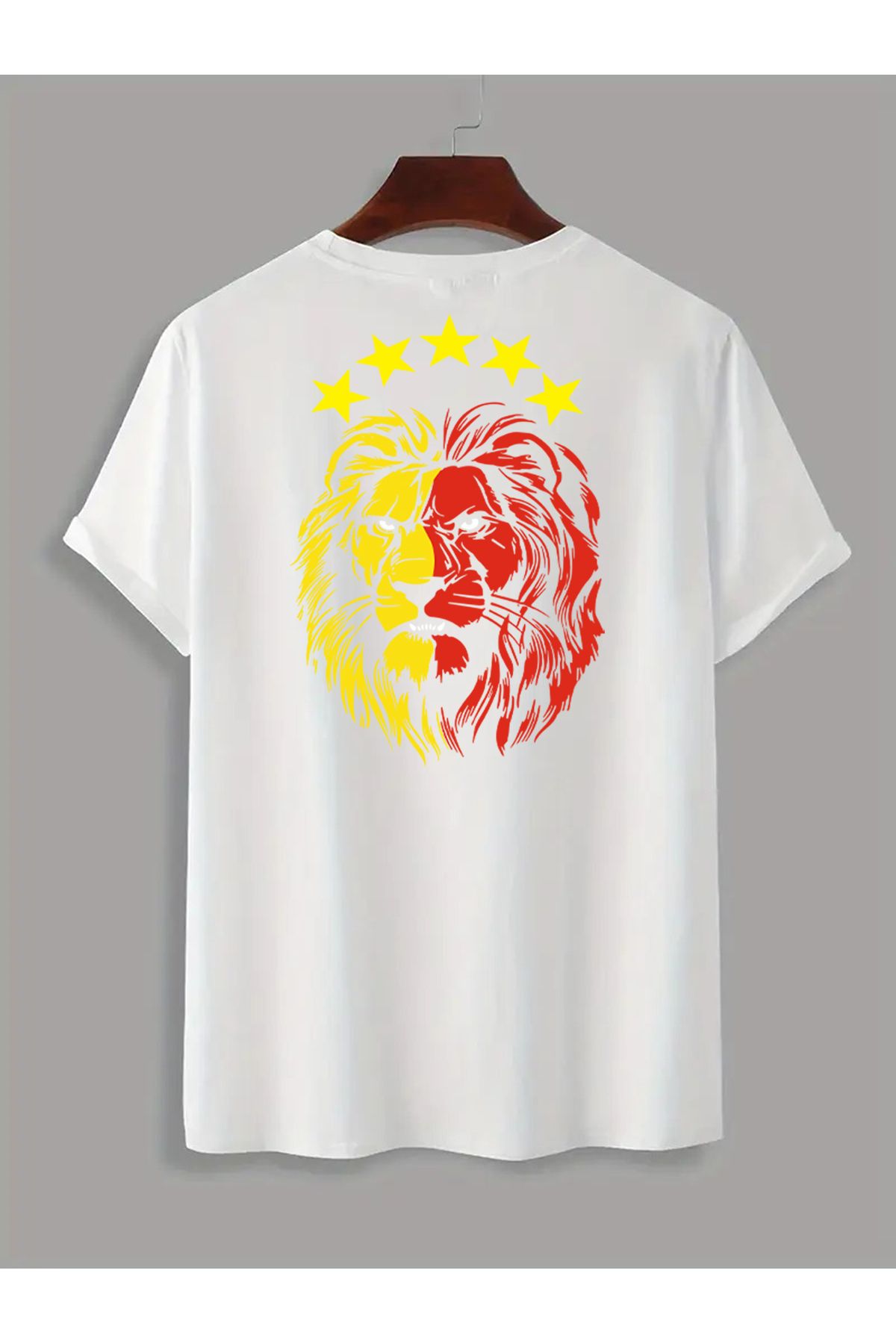 MARKATEM Unisex Pamuklu Beş Yıldızlı Şampiyon Aslan Temalı SIRT VE GÖĞÜS Baskılı Oversize T-shirt